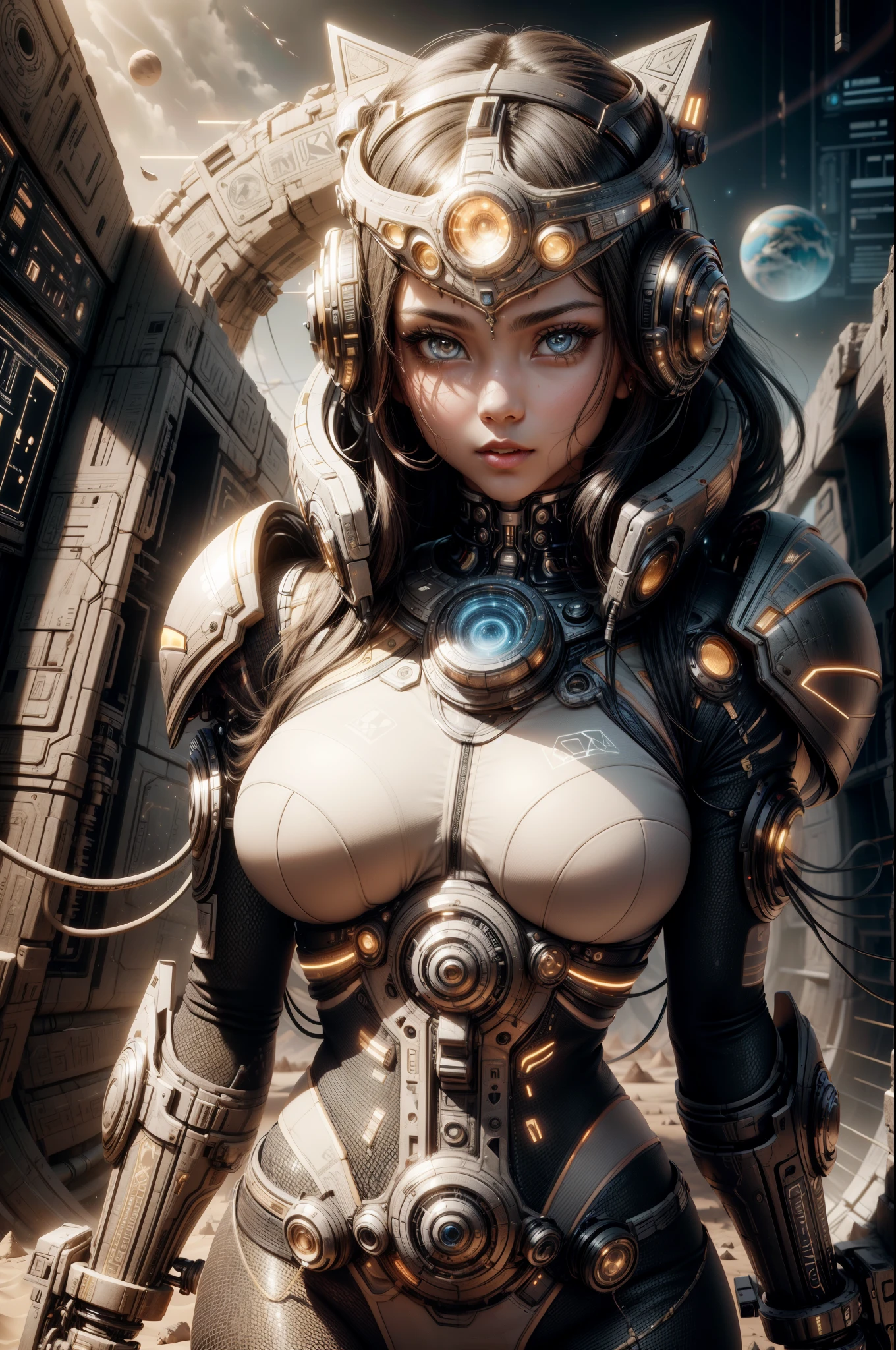 "((Techno-chic girl)) in Egypt Cyberstyle attire, surrounded by a surreal space landscape with fantastic planets, bathed in the cosmic glow of the golden hour, ((cybernetic elements)), ((rule of thirds)), ((futuristic masterpiece)), detailed, (best quality)