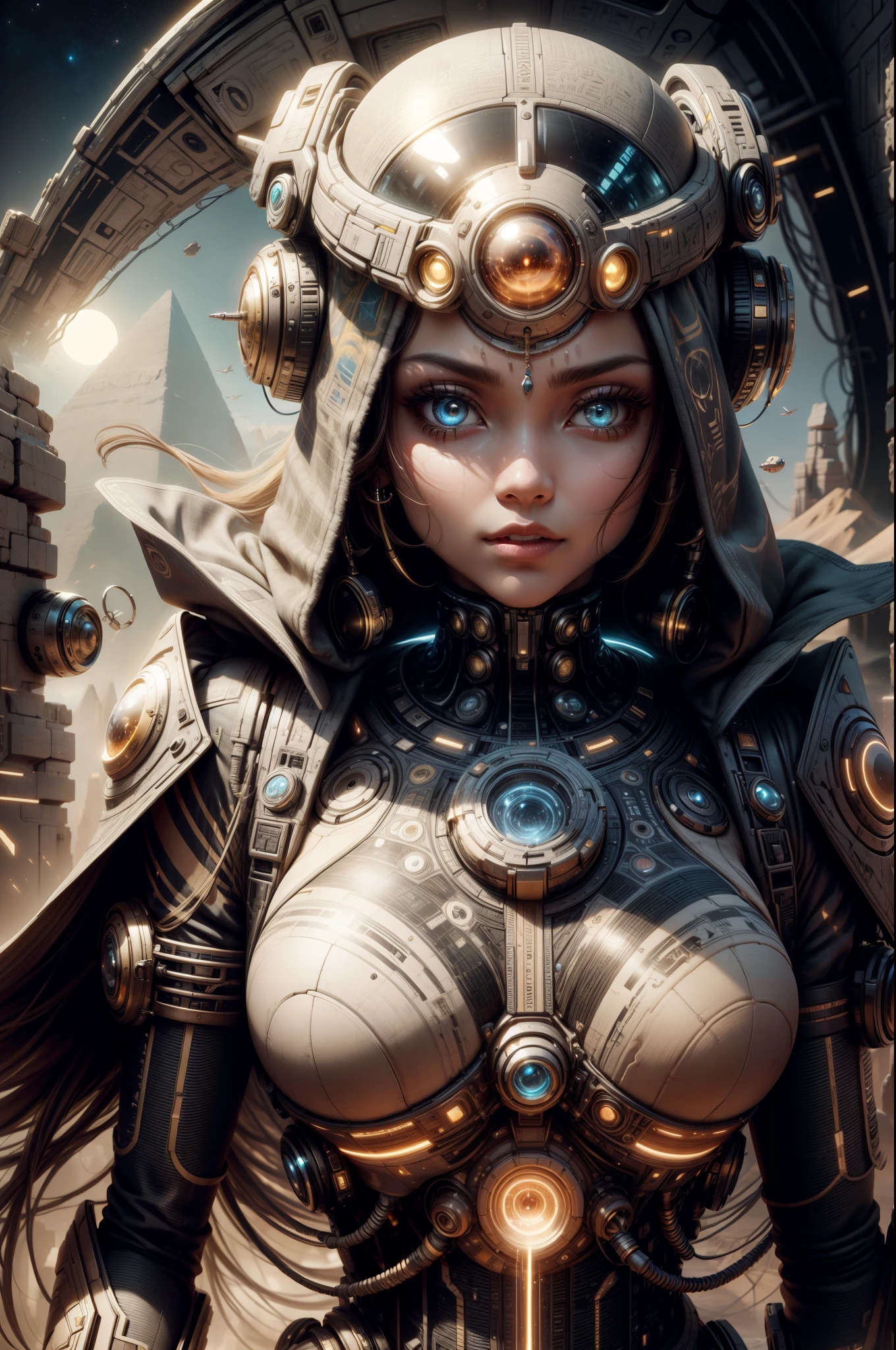 "((Techno-chic girl)) in Egypt Cyberstyle attire, surrounded by a surreal space landscape with fantastic planets, bathed in the cosmic glow of the golden hour, ((cybernetic elements)), ((rule of thirds)), ((futuristic masterpiece)), detailed, (best quality)