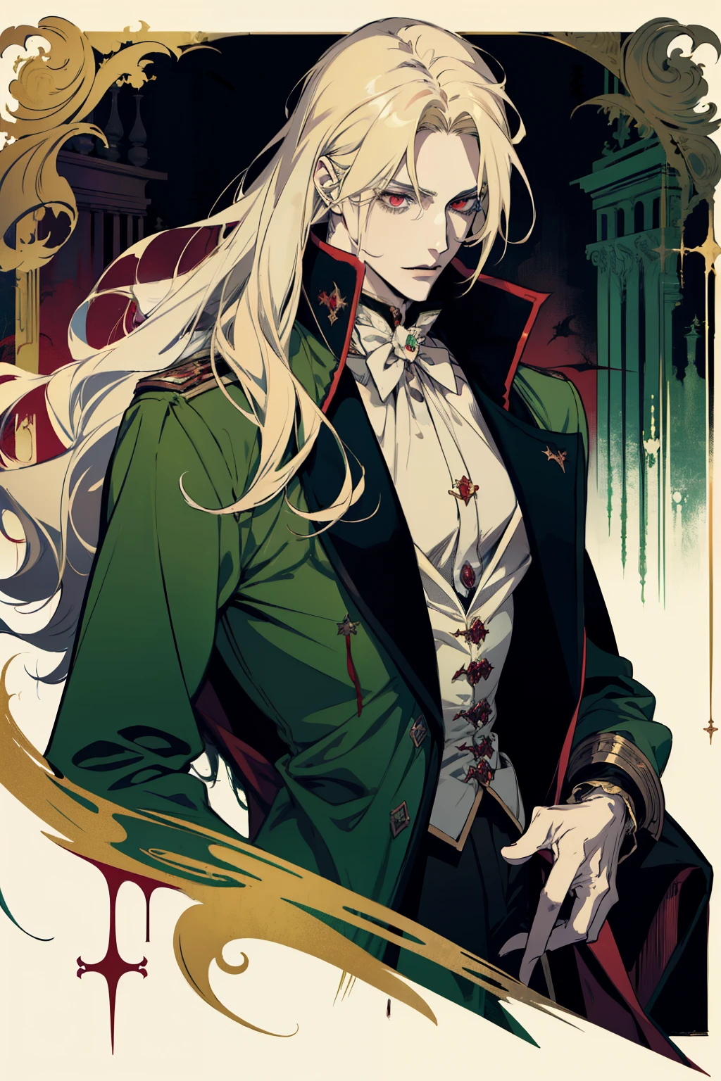 anime, a man with long blonde hair and a green coat, alucard, castelvania, beautiful androgynous prince, magical blond prince, delicate androgynous prince, handsome male vampire, casimir art, anime handsome man, key anime art, l vampire, fin wildcloak, johan liebert mixed with alucard, male vampire, red eyes