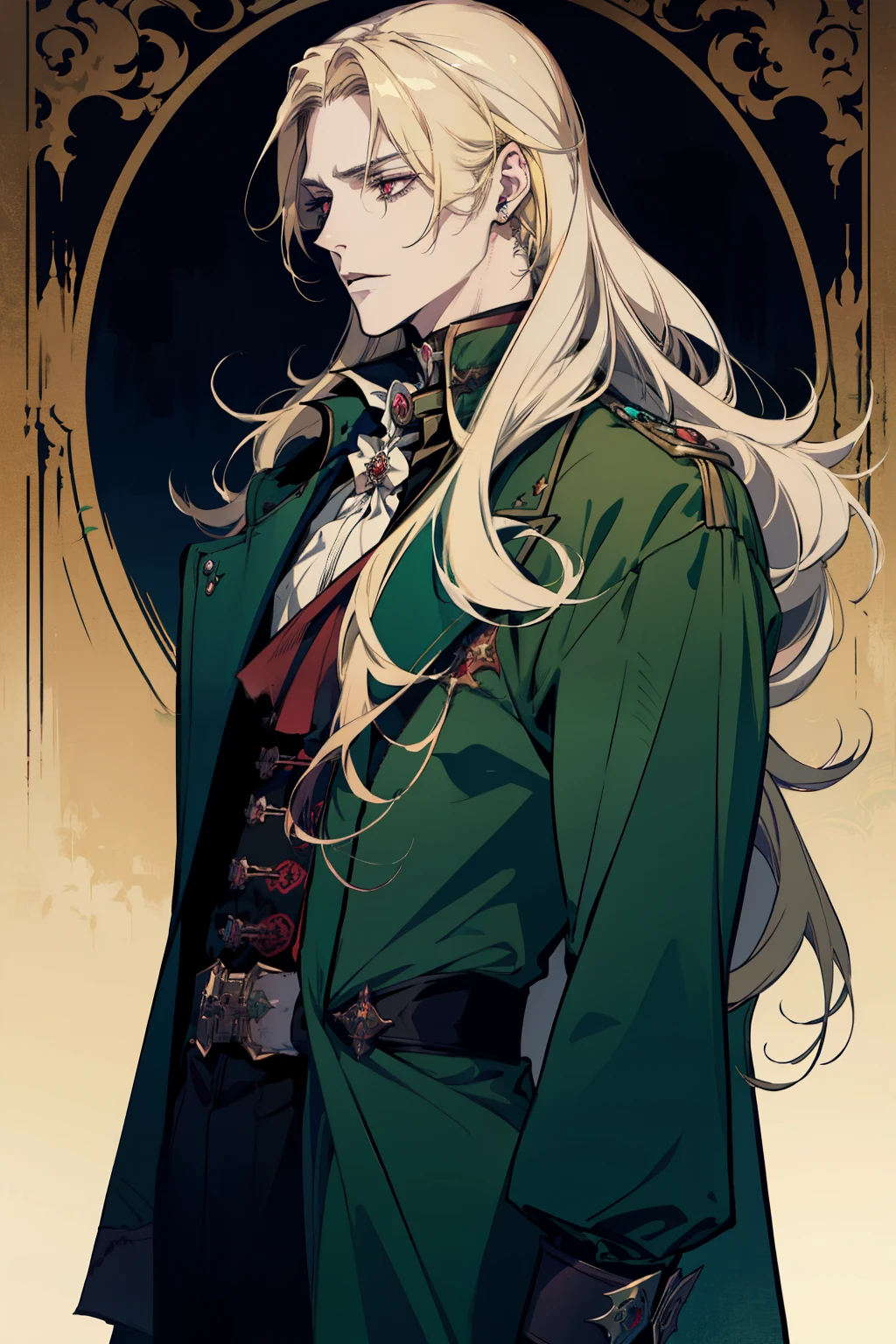 anime, a man with long blonde hair and a green coat, alucard, castelvania, beautiful androgynous prince, magical blond prince, delicate androgynous prince, handsome male vampire, casimir art, anime handsome man, key anime art, l vampire, fin wildcloak, johan liebert mixed with alucard, male vampire, red eyes