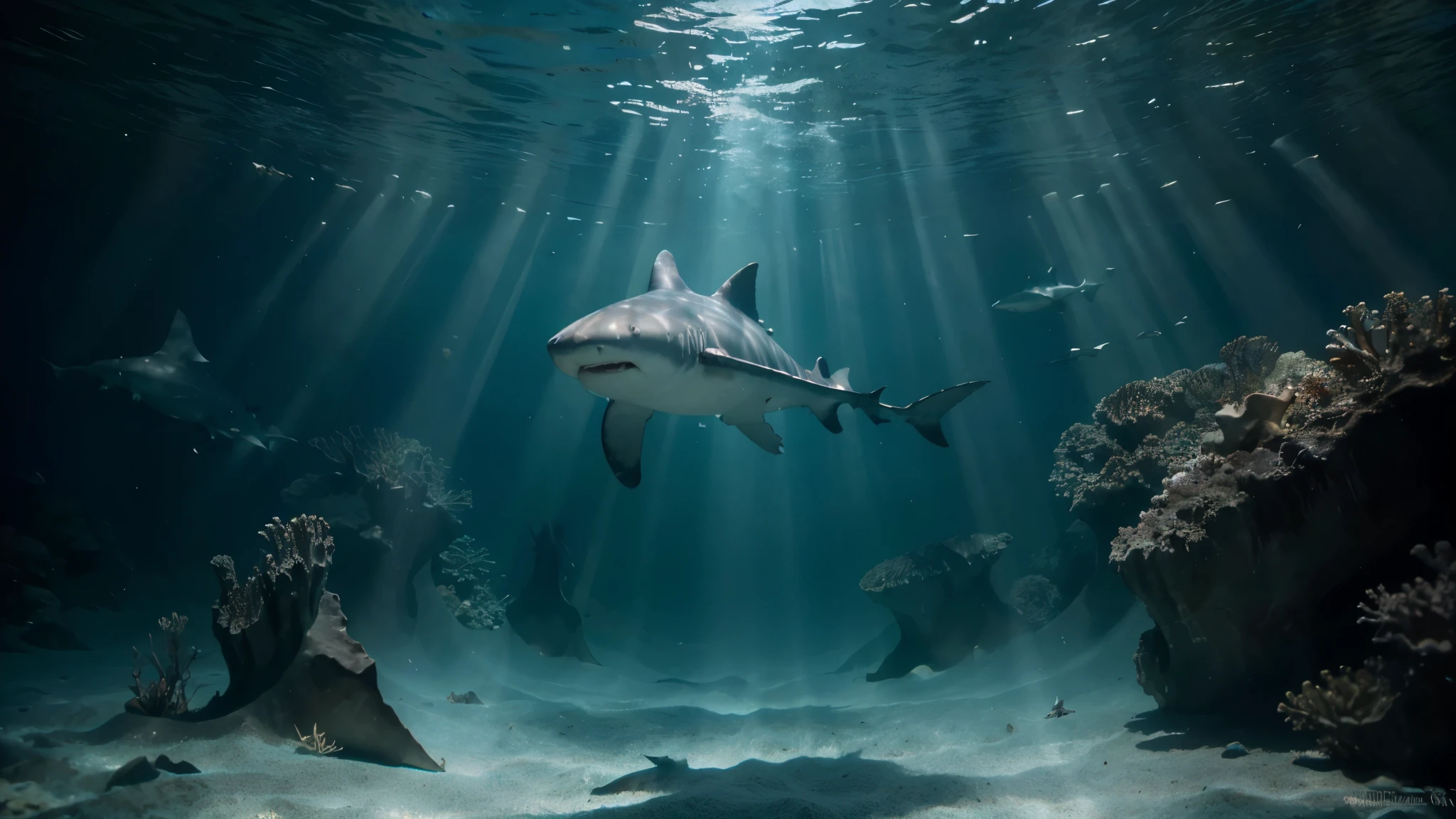 (best quality,highres,masterpiece:1.2),ultra-detailed,(realistic,photorealistic,photo-realistic:1.37), HDR, UHD, studio lighting, extreme detail description, professional, vivid colors, bokeh, underwater world, A young beautiful Girl diving with near sharks ,giant white shark swimming among coral reefs, detailed coral formations, vibrant marine life, crystal clear water, majestic and powerful presence of the shark, serene and peaceful atmosphere, stunning beauty of the underwater environment, sharp focus, breathtaking scenic view, mesmerizing shades of blue, natural sunlight illuminating the scene, elegant and graceful movements of the shark, fascinating interaction between the shark and the surrounding marine creatures.
