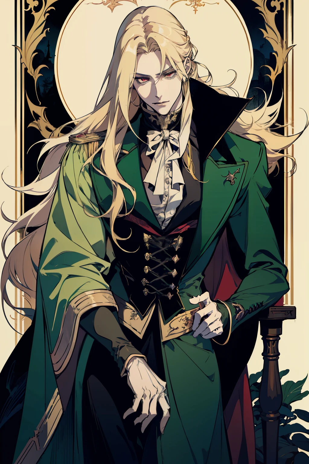 anime, a man with long blonde hair and a green coat, alucard, castelvania, beautiful androgynous prince, magical blond prince, delicate androgynous prince, handsome male vampire, casimir art, anime handsome man, key anime art, l vampire, fin wildcloak, johan liebert mixed with alucard, male vampire, red eyes