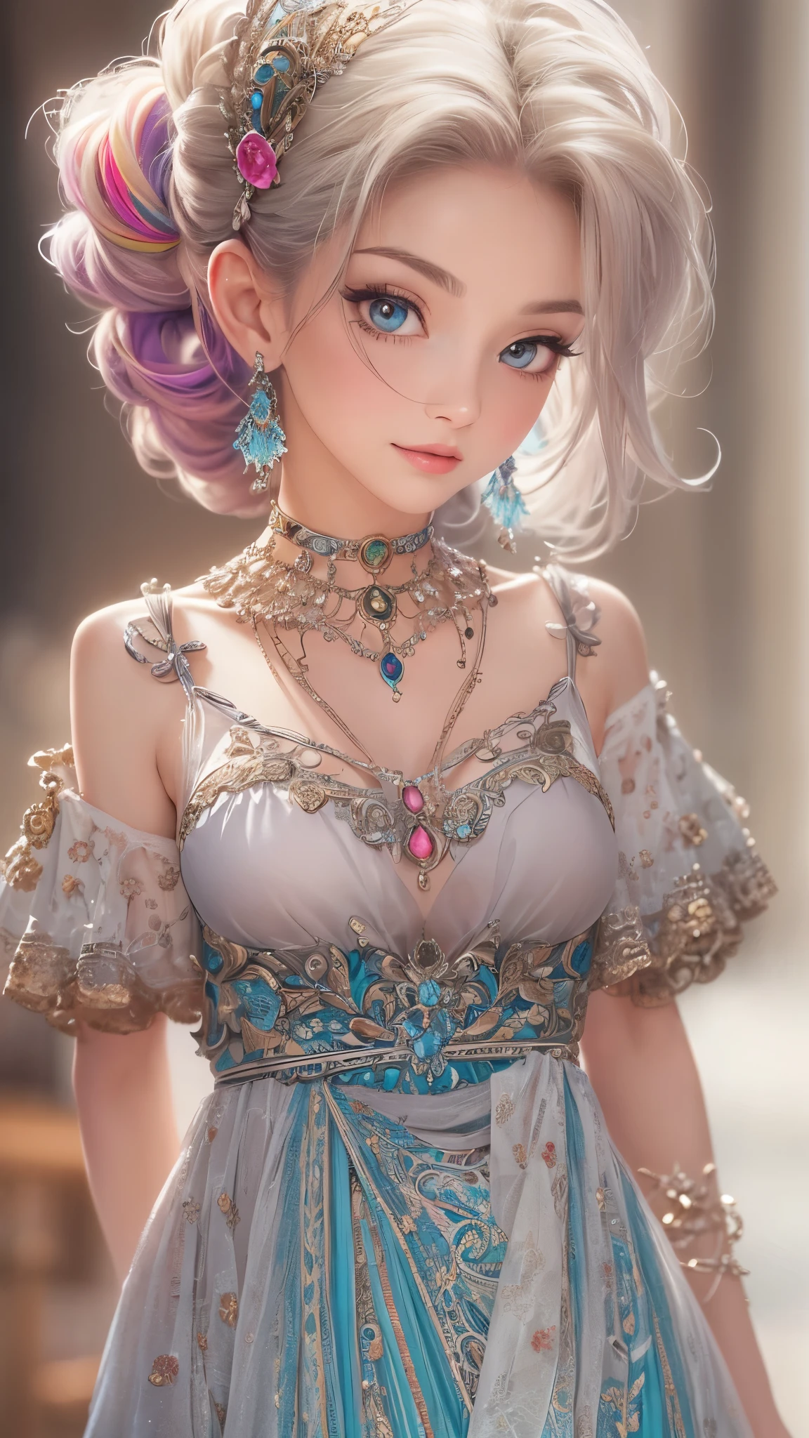 ((highest quality)),(ultra high resolution),(Super detailed),(detailed description),((best CG)),(best work of art),super precision art,amazing drawing art,(Art with precise details:1.5), (1 woman:1.8),(beautiful and well-shaped face:1.5),(slanted eyes:1.3),(A colorful classic dress with intricate details:1.6),(small breasts:1.5),(slender body:1.3),thin waist:1.5,dress shoes:1.4,jewelry choker:1.6, antique furniture:1.3,