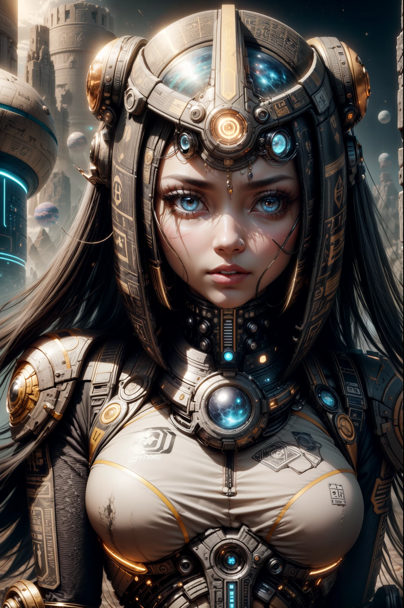 "((Techno-chic girl)) in Egypt Cyberstyle attire, surrounded by a surreal space landscape with fantastic planets, bathed in the cosmic glow of the golden hour, ((cybernetic elements)), ((rule of thirds)), ((futuristic masterpiece)), detailed, (best quality)