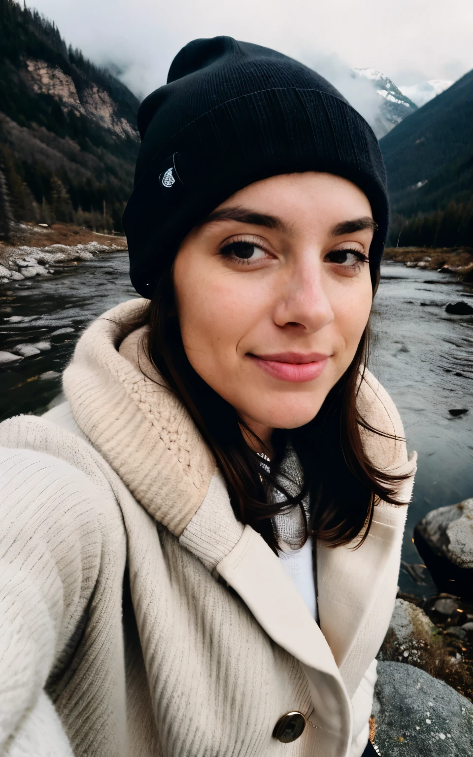 photorealistic, best quality, hyper detailed, beautiful woman, selfie photo, upper body, solo, naked, outdoors, (night), mountains, real life nature, stars, moon, (cheerful, happy), sleeping bag, gloves, sweater, beanie, flashlight, forest, rocks, river, wood, smoke, fog, clear sky, analog style, looking at viewer, skin texture, film grain, close up, ultra high res, best shadow, RAW, instagram LUT