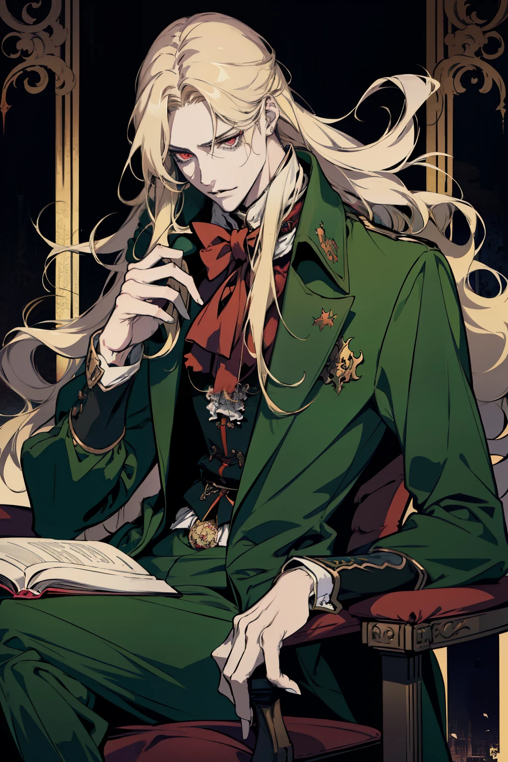 anime, a man with long blonde hair and a green coat, alucard, castelvania, beautiful androgynous prince, magical blond prince, delicate androgynous prince, handsome male vampire, casimir art, anime handsome man, key anime art, l vampire, fin wildcloak, johan liebert mixed with alucard, male vampire, red eyes