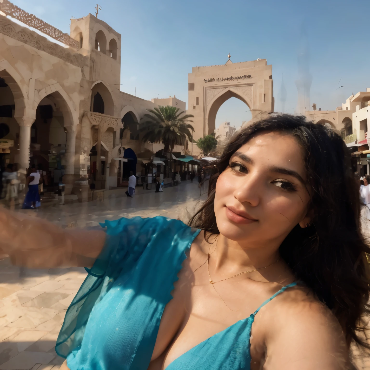 "Capture a selfie in a busy Arabian cityscape, com um pano de fundo que apresente um horizonte adornado com mesquitas majestosas, ruas movimentadas e mercados vibrantes, showcasing the rich cultural tapestry of the Arab world."