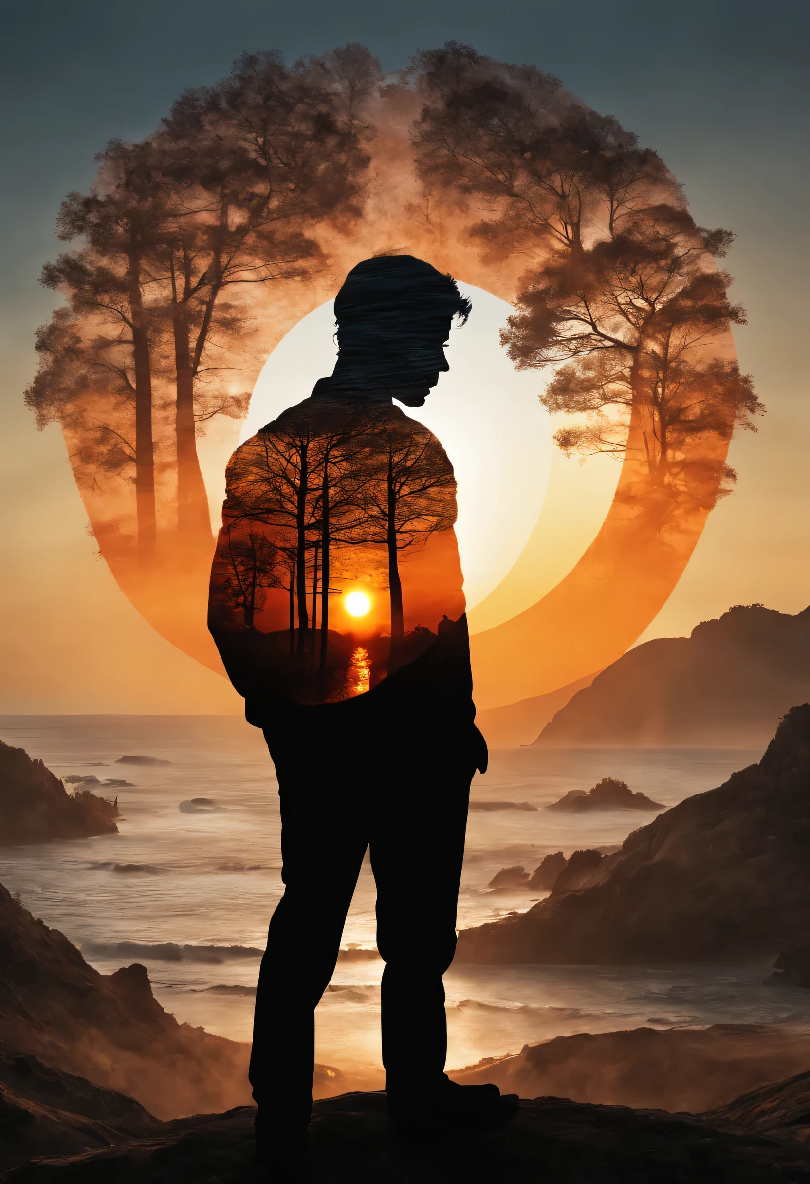 Silhouette Art of man, multiple exposure, sunset, enhance, intricate, (best quality, masterpiece, Representative work, official art, Professional, unity 8k wallpaper:1.3)