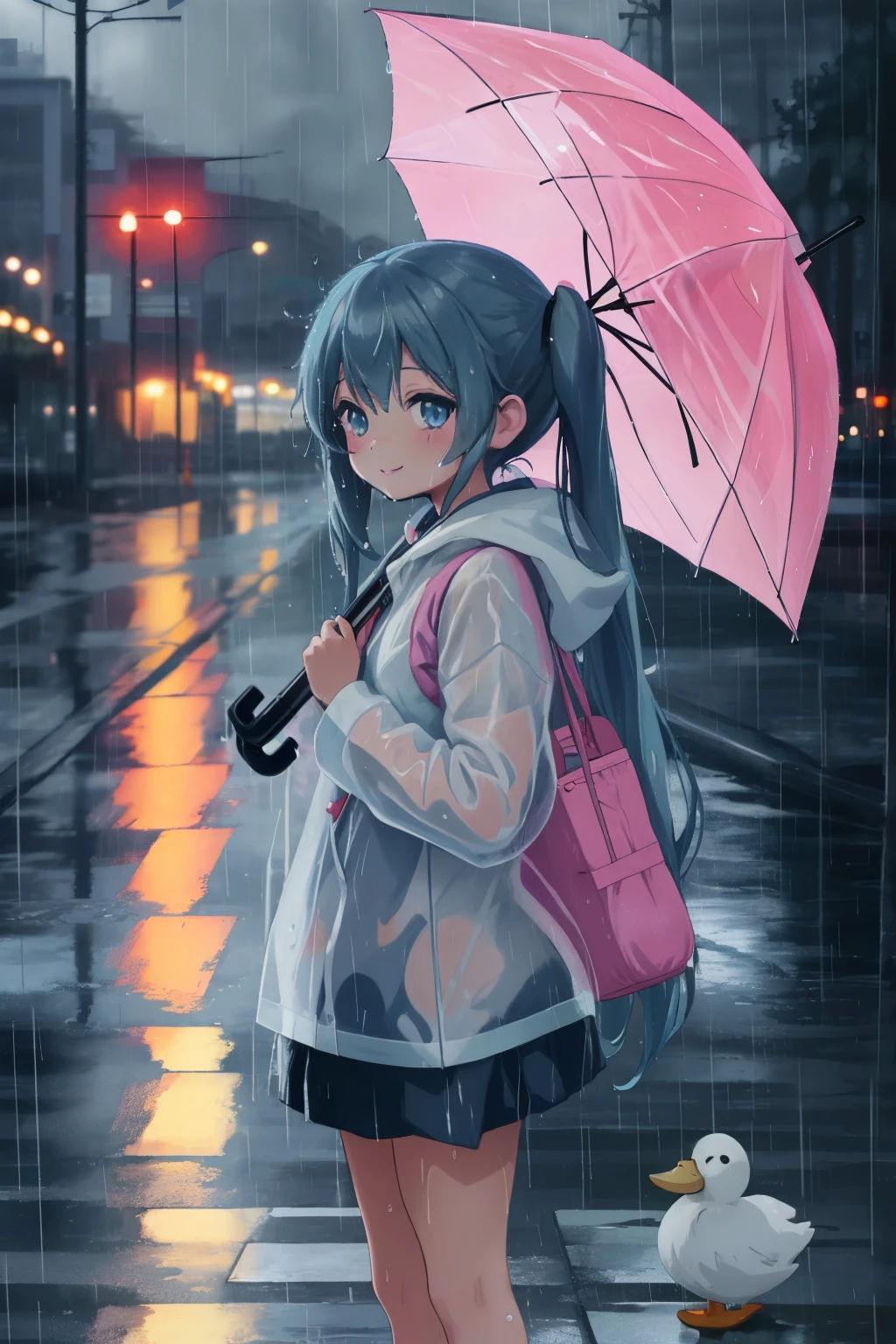 Anime girl with umbrella and duck in the rain, light blue long hair、girl with twin tails, adorable smile cute anime, splash art anime , cute anime girl, Gweiz, on a Wet day, After it rains and there are no girls, Wet day, under the rain, cute art style, rain, artwork in the style of Gweiz, In a rainy environment, cute cute girl、Face Highlights