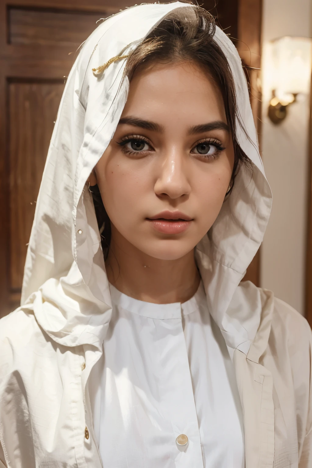 Create a character for a white girl whose features are from Saudi Arabia and who wears women's clothes Saudi