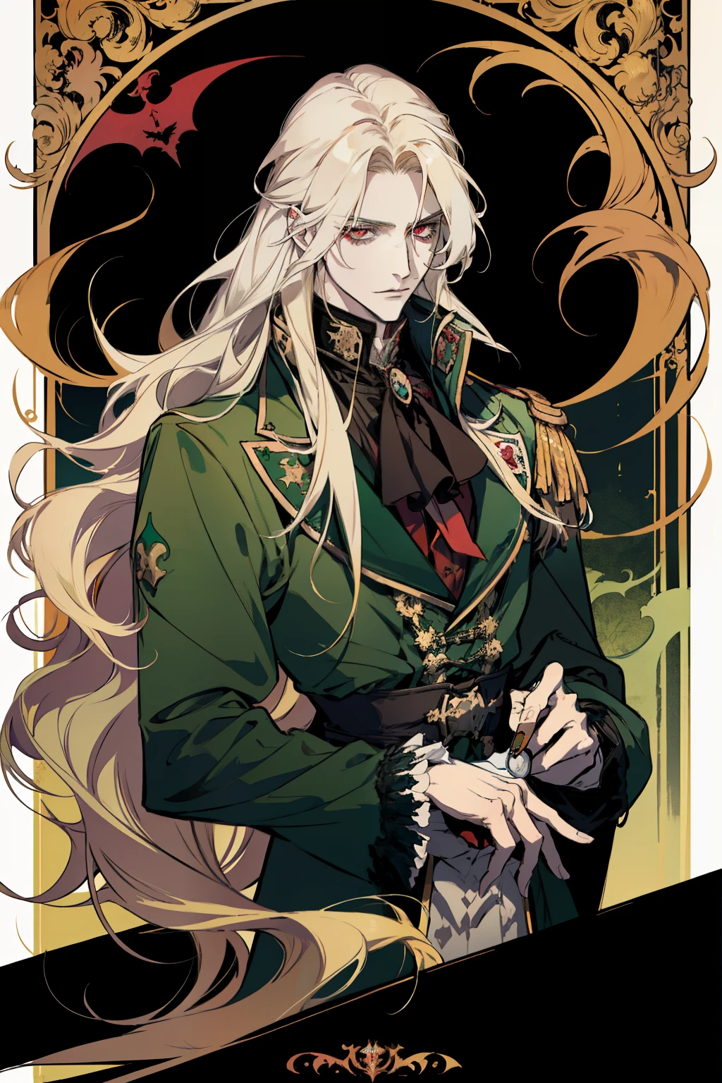 anime, a man with long blonde hair and a green coat, alucard, castelvania, beautiful androgynous prince, magical blond prince, delicate androgynous prince, handsome male vampire, casimir art, anime handsome man, key anime art, l vampire, fin wildcloak, johan liebert mixed with alucard, male vampire, red eyes