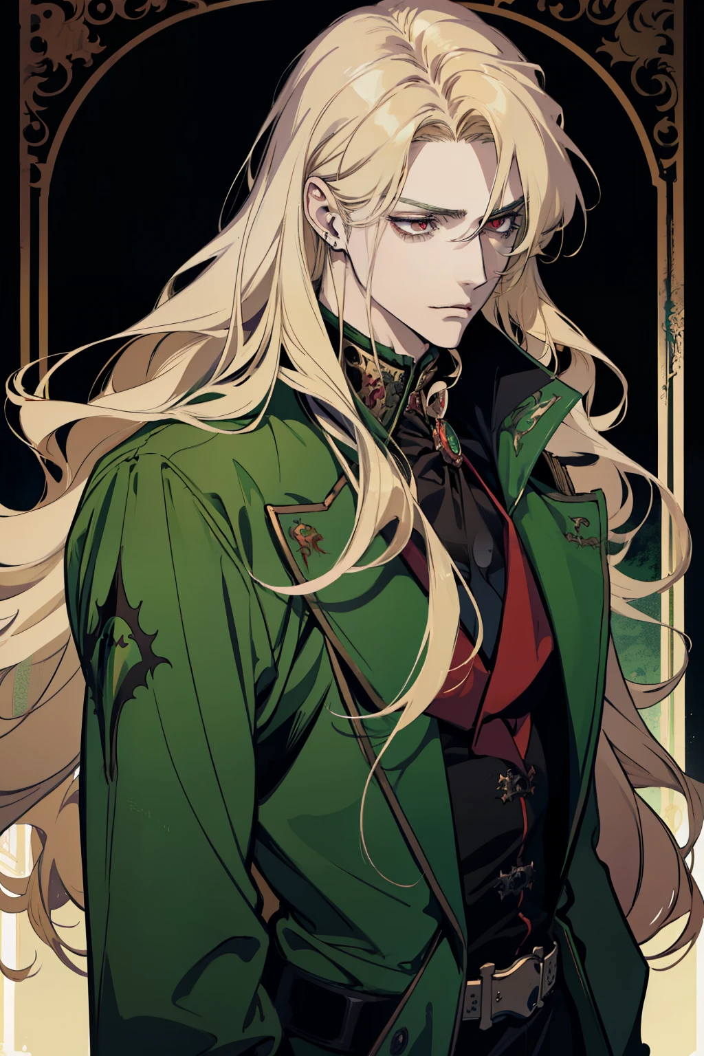 anime, a man with long blonde hair and a green coat, alucard, castelvania, beautiful androgynous prince, magical blond prince, delicate androgynous prince, handsome male vampire, casimir art, anime handsome man, key anime art, l vampire, fin wildcloak, johan liebert mixed with alucard, male vampire, red eyes