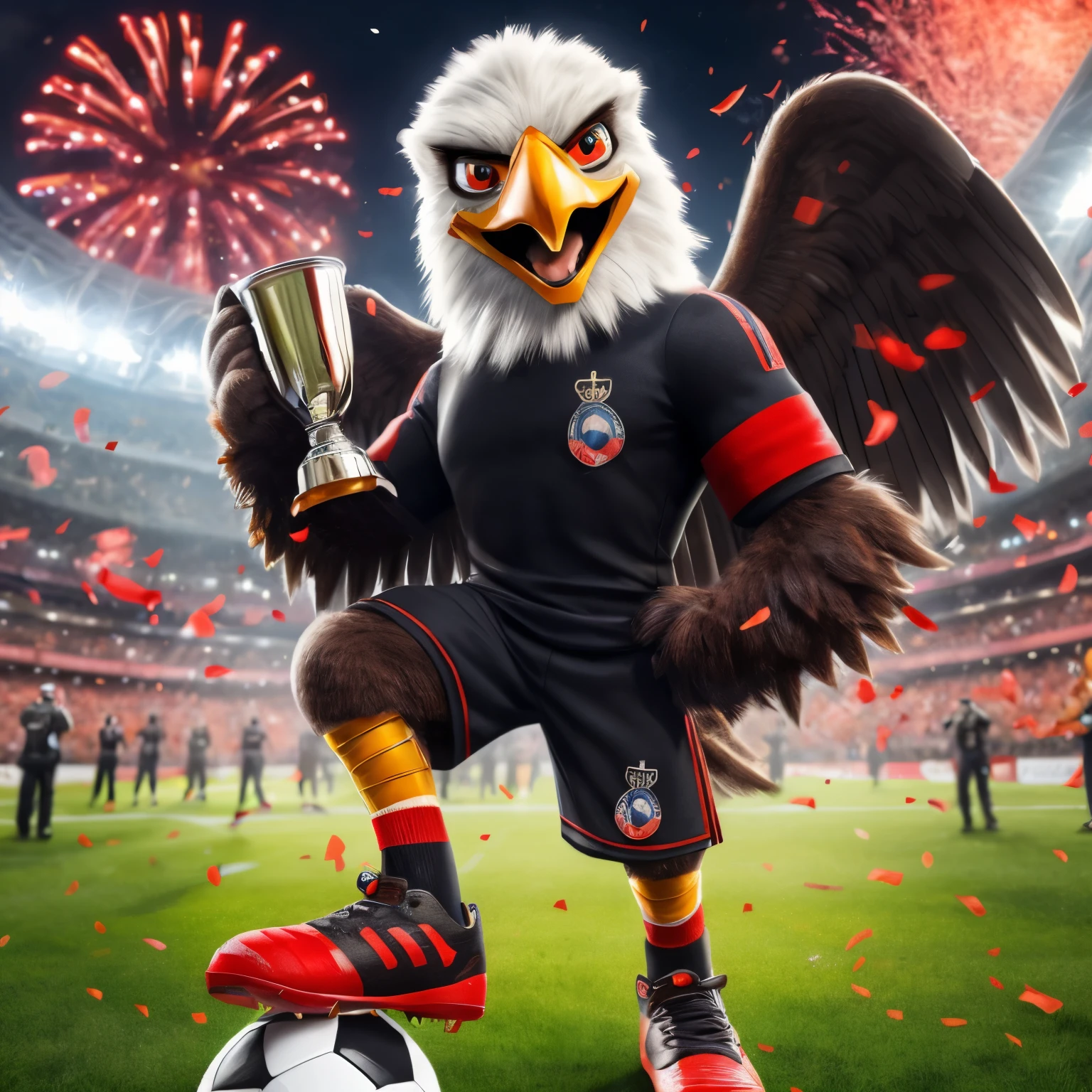 Create an image with advanced image quality and resolution, presenting a super detailed representation of a scenario devastated by war and engulfed in flames in the middle of a football match. Ensure representation of the intricacies of the costume, capturando texturas e recursos exclusivos. A cena de guerra ardente deve ser reproduzida de forma realista, incorporating elements such as smoke, wreckage, and dramatic lighting effects. Esta imagem tem como objetivo transmitir uma cena poderosa e visualmente envolvente, combining the strength of the masculine costume with the urgency and chaos of the war scenario.