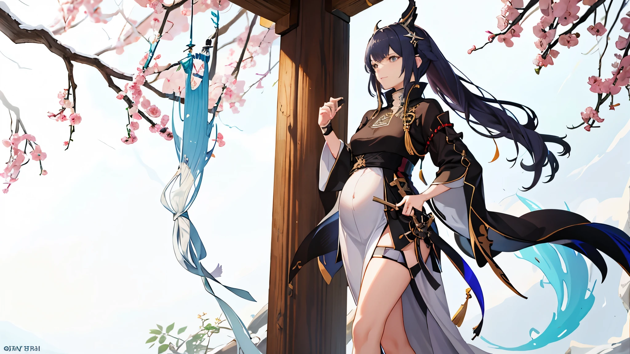 a woman in a dress holding a dagger and a dagger, video game character, from arknights, fox nobushi holding a dagger, hajime yatate, keqing from genshin impact, random haired deity, with small sword, ayaka genshin impact, female action anime girl, official character art, anime character, pregnant anime girl, fetus, random hair color, pregnant belly