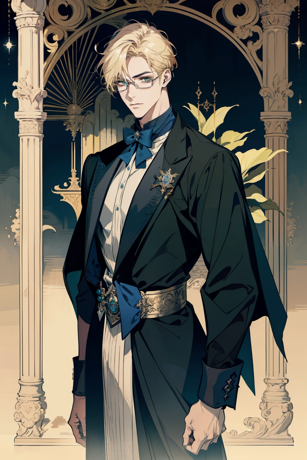 detailed 25 year old male face, 1 handsome man,tall and muscular boy, wearing fantasy formal clothing, beautiful androgynous prince, ((wearing aristocrat robe)), delicate androgynous prince, regal dark blue clothes, delicate androgynous prince, beautiful androgynous prince, handsome guy in demon slayer art, professional character design, high quality character, male character design, wearing a black noble suit, anime character design, blonde hair, short hair, green eyes, glasses