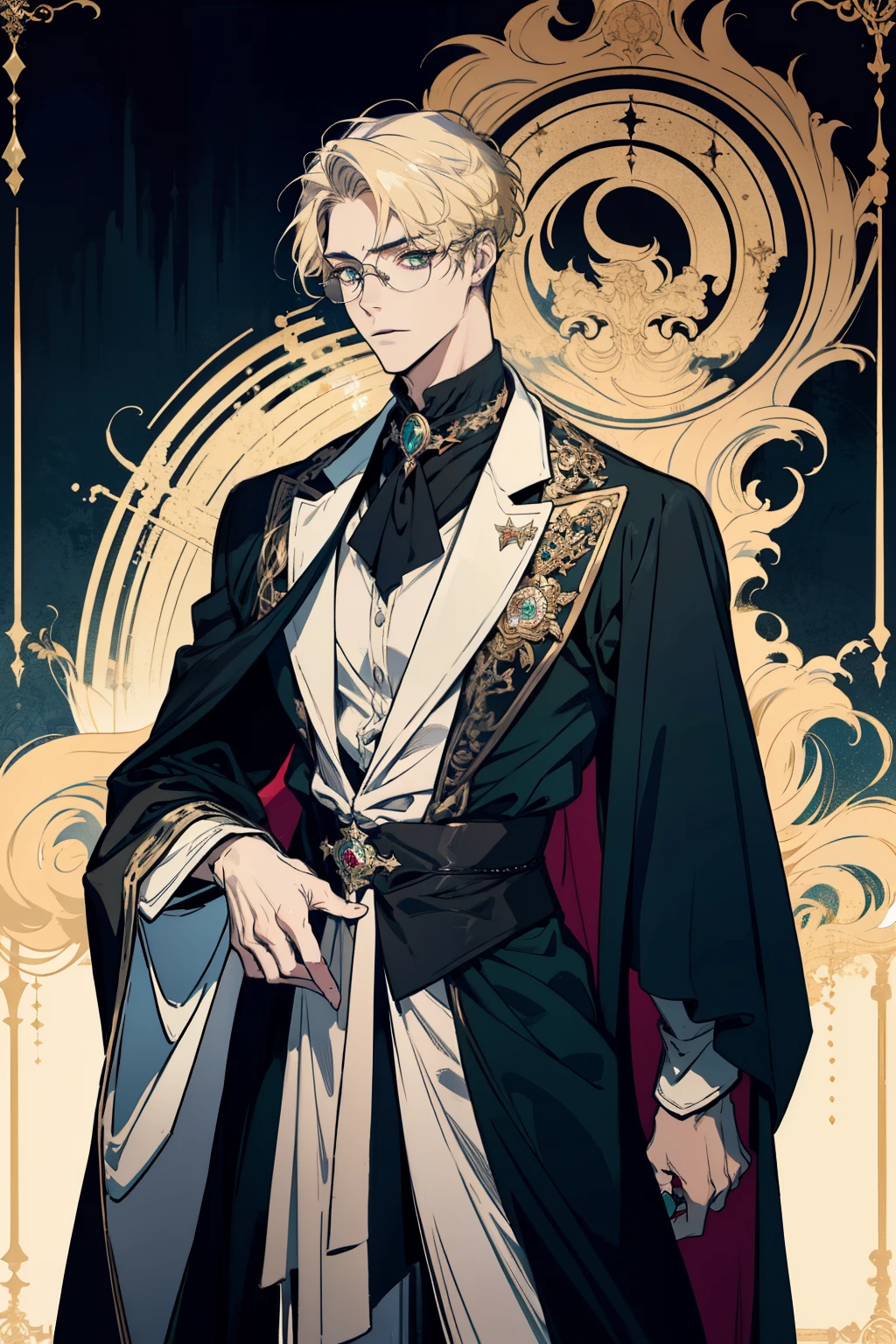 detailed 25 year old male face, 1 handsome man,tall and muscular boy, wearing fantasy formal clothing, beautiful androgynous prince, ((wearing aristocrat robe)), delicate androgynous prince, regal dark blue clothes, delicate androgynous prince, beautiful androgynous prince, handsome guy in demon slayer art, professional character design, high quality character, male character design, wearing a black noble suit, anime character design, blonde hair, short hair, green eyes, glasses