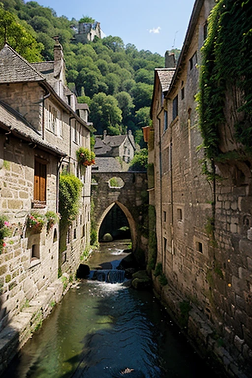 "medieval town situated in a dense forest, surrounded by high stone walls. A river runs through the middle of the town. The buildings within the walls have pointed roofs and narrow windows. Villagers dressed in medieval attire walk along the cobblestone streets. panoramic image. "