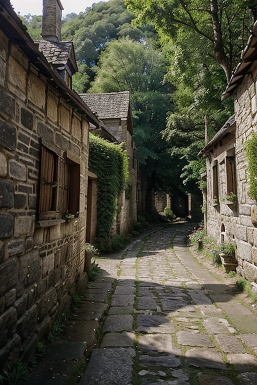 "medieval town situated in a dense forest, surrounded by high stone walls. A river runs through the middle of the town. The buildings within the walls have pointed roofs and narrow windows. Villagers dressed in medieval attire walk along the cobblestone streets. panoramic image. "