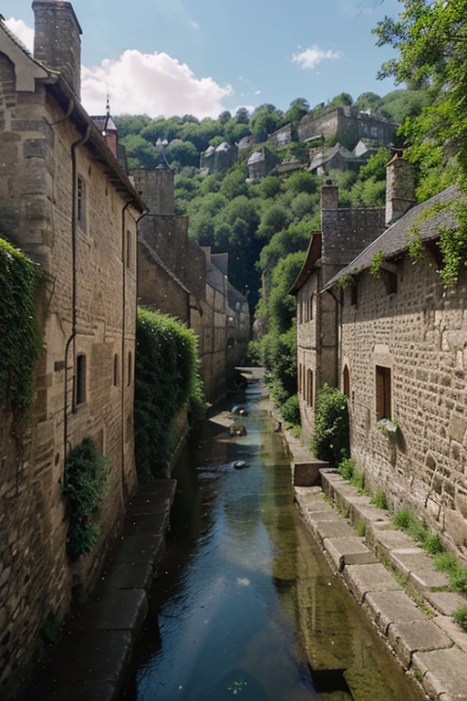 "medieval town situated in a dense forest, surrounded by high stone walls. A river runs through the middle of the town. The buildings within the walls have pointed roofs and narrow windows. Villagers dressed in medieval attire walk along the cobblestone streets. panoramic image. "