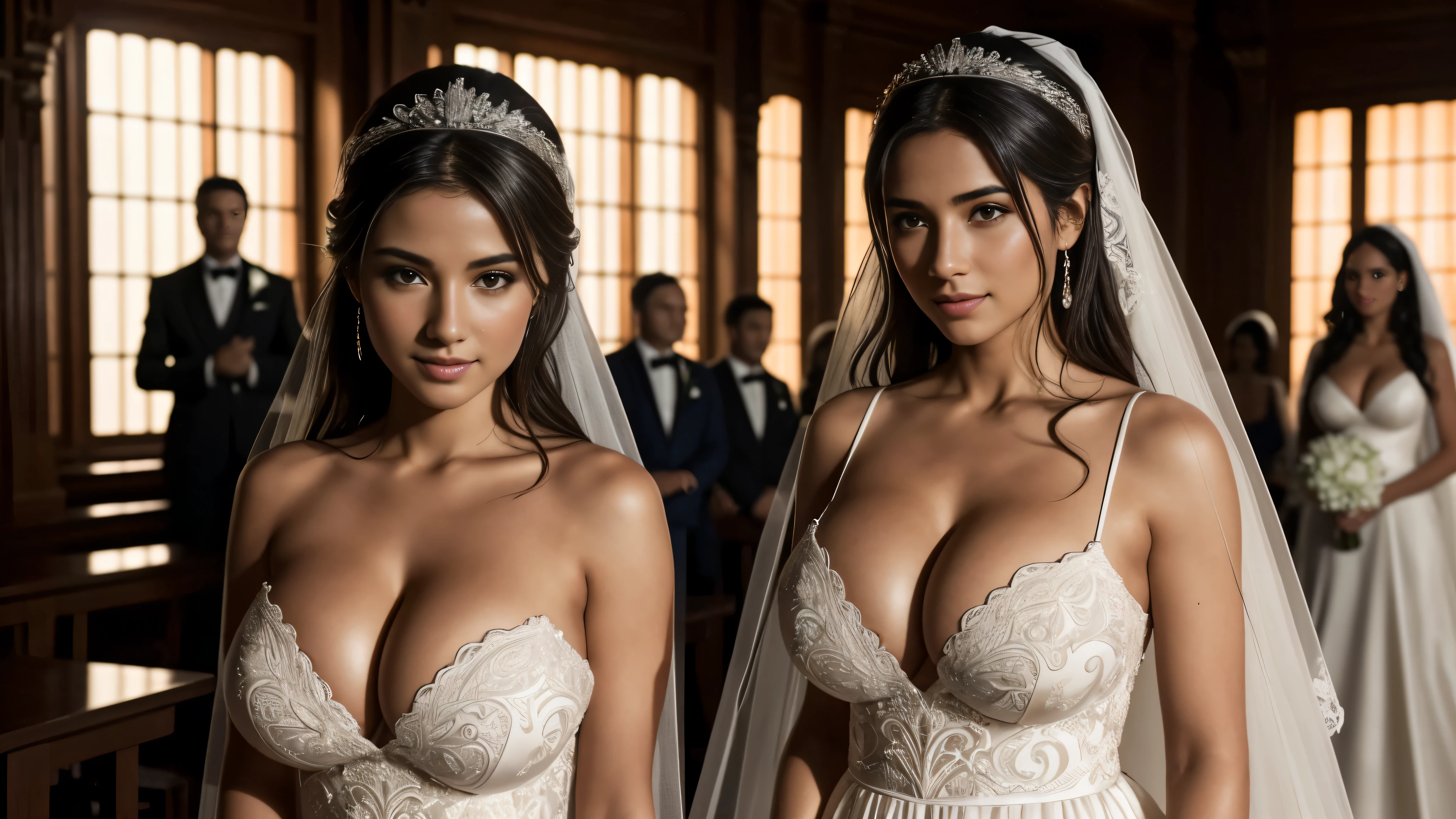Isabela Merced in a vail covering the face, in a wedding dress, getting married with best girlfriend, bridesmaids in tight mini dress, hair band, (big breasts:1.5), (topless:1.2), naughty, smiling, Real Life, full bodyshot, Ultra Realistic, Photorealism, Photography, 8K UHD, Photo, HDR, Complex and Elegant, Highly Detailed, Sharp Focus, Stunning, Beautiful, Gorgeouasterpiece: 1.2, Best Quality 1:1, Ultra Detail: 1.2, Best Shadows, 8k: 1.1), (beautiful detailed face), high contrast, (perfect lighting: 1.2), (cinematic light)), colorful, hyper-detail, dramatic light, intricate detail, photograph by arny freytag