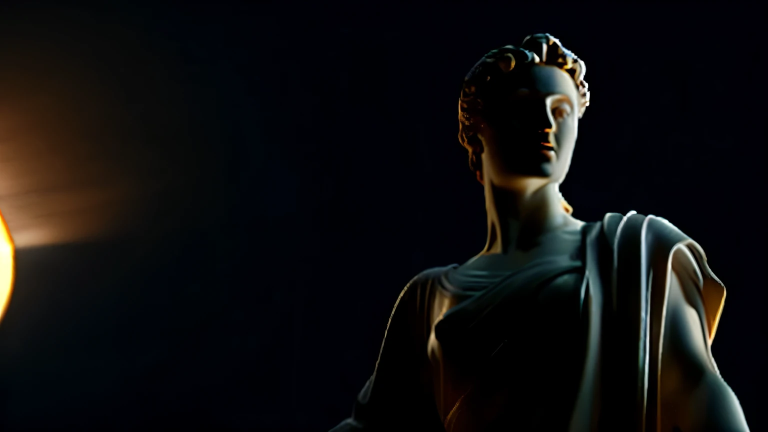 Cinematic 8K hyper-realistic, stoic marble statue, Greece in the background, dark background, Greek mythology, colossal, illuminated by a radiant light, ultra detailed, is characterized by its extraord