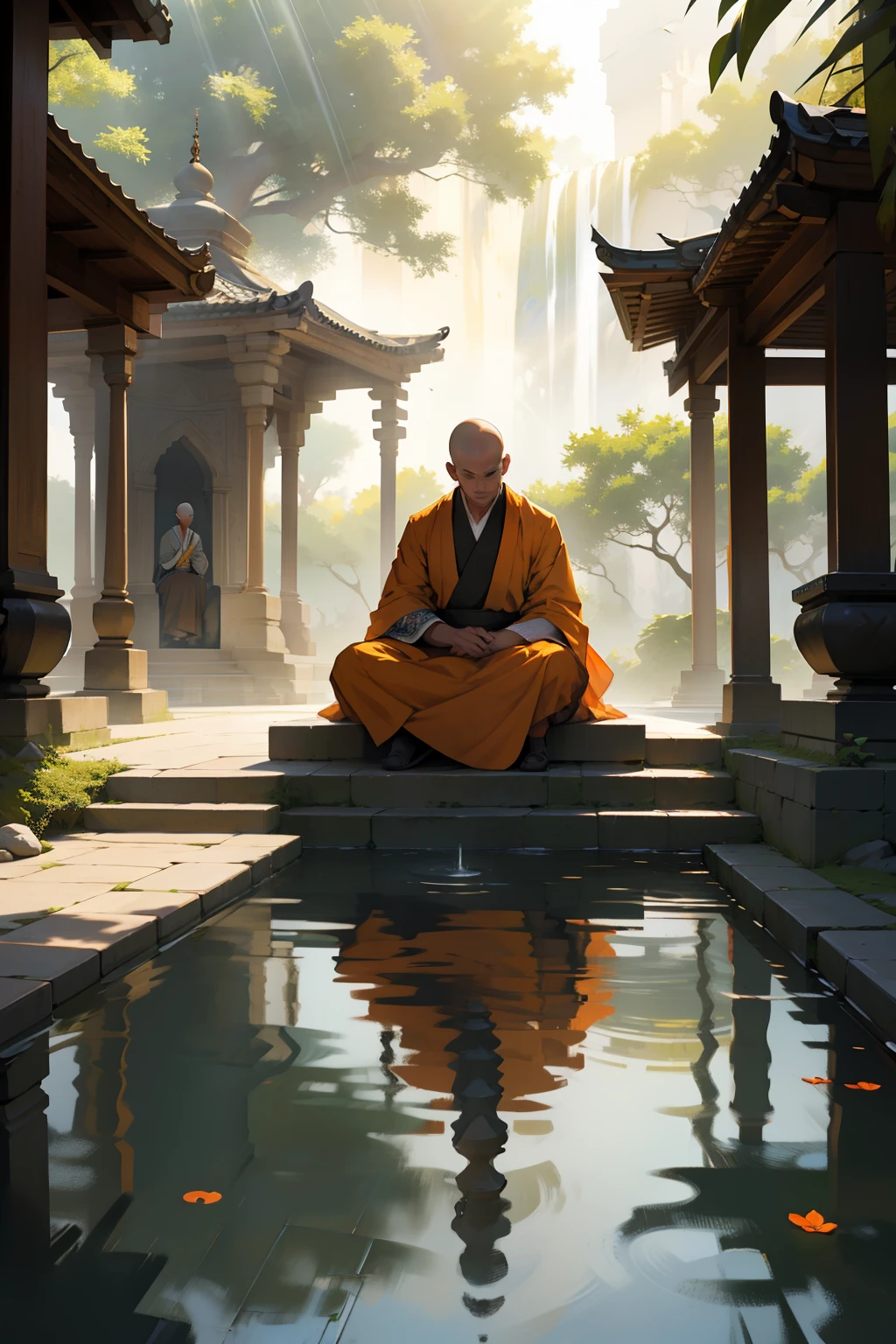 Religious Scene: A serene temple courtyard, filled with the tranquil sound of flowing water from a nearby fountain. Sunrays filter through the trees, casting dappled shadows on the ground. At the heart of the scene, two monks in orange robes and shaved heads, sit in deep meditation, their hands folded in their laps. Their calm faces reflect the inner peace of their practice. In the background, devotees bow respectfully before a grand golden statue of a deity, its eyes closed in benevolence. The scene exudes a sense of spiritual enlightenment and reflection. (Best Quality, 4k, 8K, high resolution, Masterpiece: