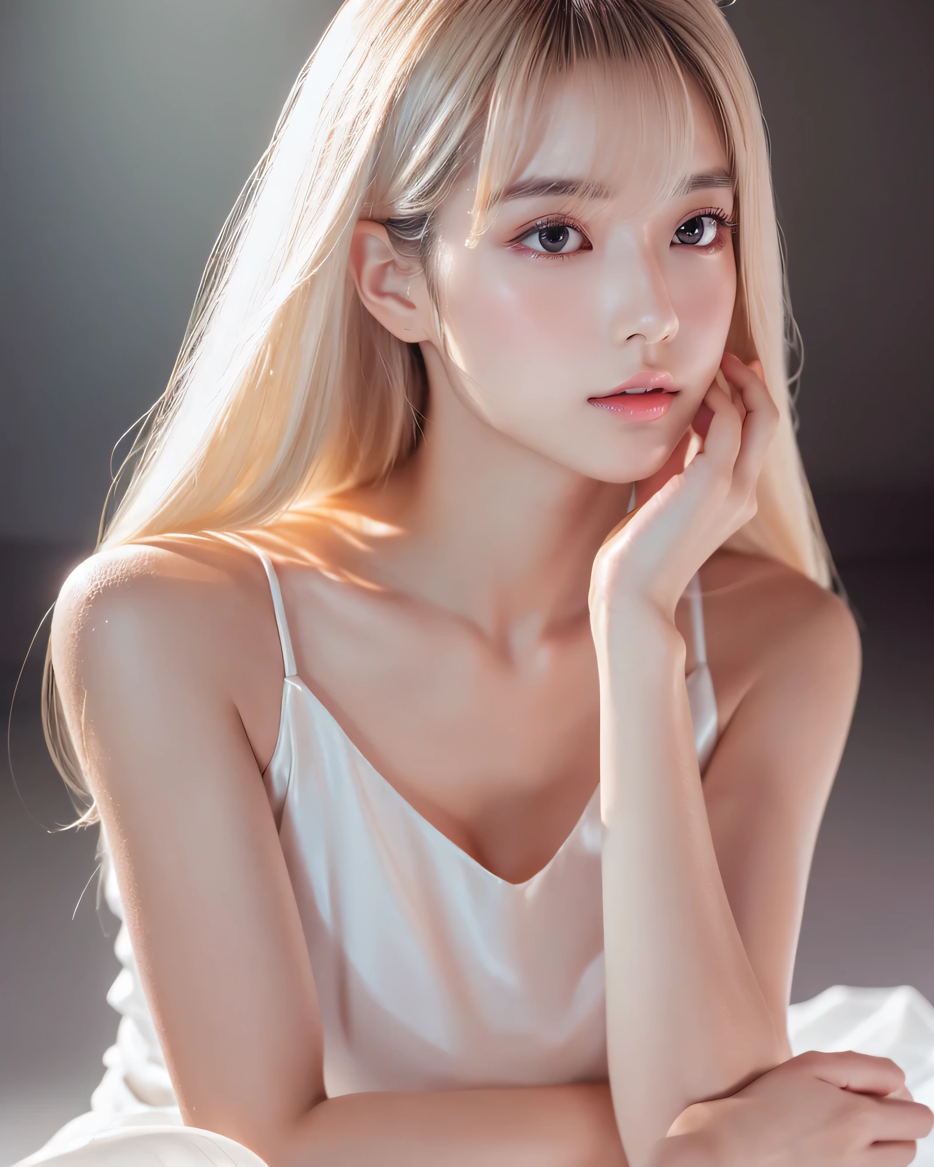 (highest quality, 8k, High resolution, masterpiece:1.2), beautiful japanese girl, 16 years old, (The whole body is reflected:1.5), (perfect human anatomy, perfect hands), プラチナブロンドのthin髪, Detailed complex hair, Super Long Straight Silk Hair, asymmetrical bangs, magical beautiful eyes, Moist black eyes, Red Elegant Dress, open shoulders, Detailed and perfect clavicle, High resolutionで美しい胸元, Detailed and beautiful thighs, 長くてthin脚, thin, Fair skin, smooth and soft skin, shiny face, bright makeup, Light pink lip, A fleeting expression, stage, clear focus, smoothness, aesthetics, professional lighting, professional photographer
