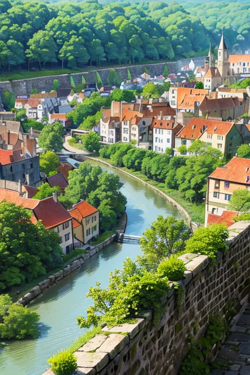 "medieval town situated in a dense forest, surrounded by high stone walls. A river runs through the middle of the town. The buildings within the walls have pointed roofs and narrow windows. Villagers dressed in medieval attire walk along the cobblestone streets. panoramic image. "