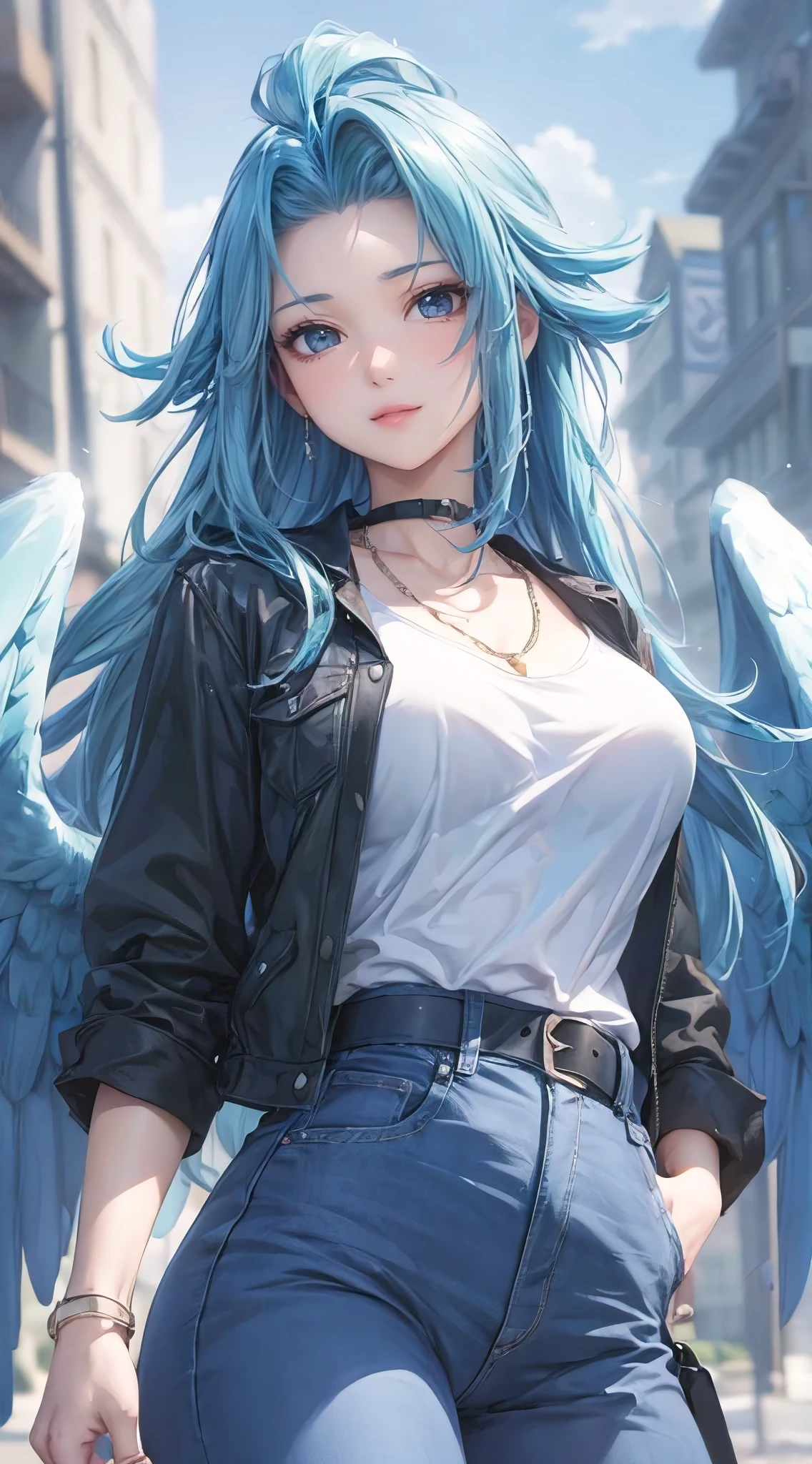(masterpiece, best quality, ultra-detailed, photorealistic, hdr, 8k), an anthropomorphic articuno, perfect body, wide hips, strolling at the city park, casual clothes, anime realism