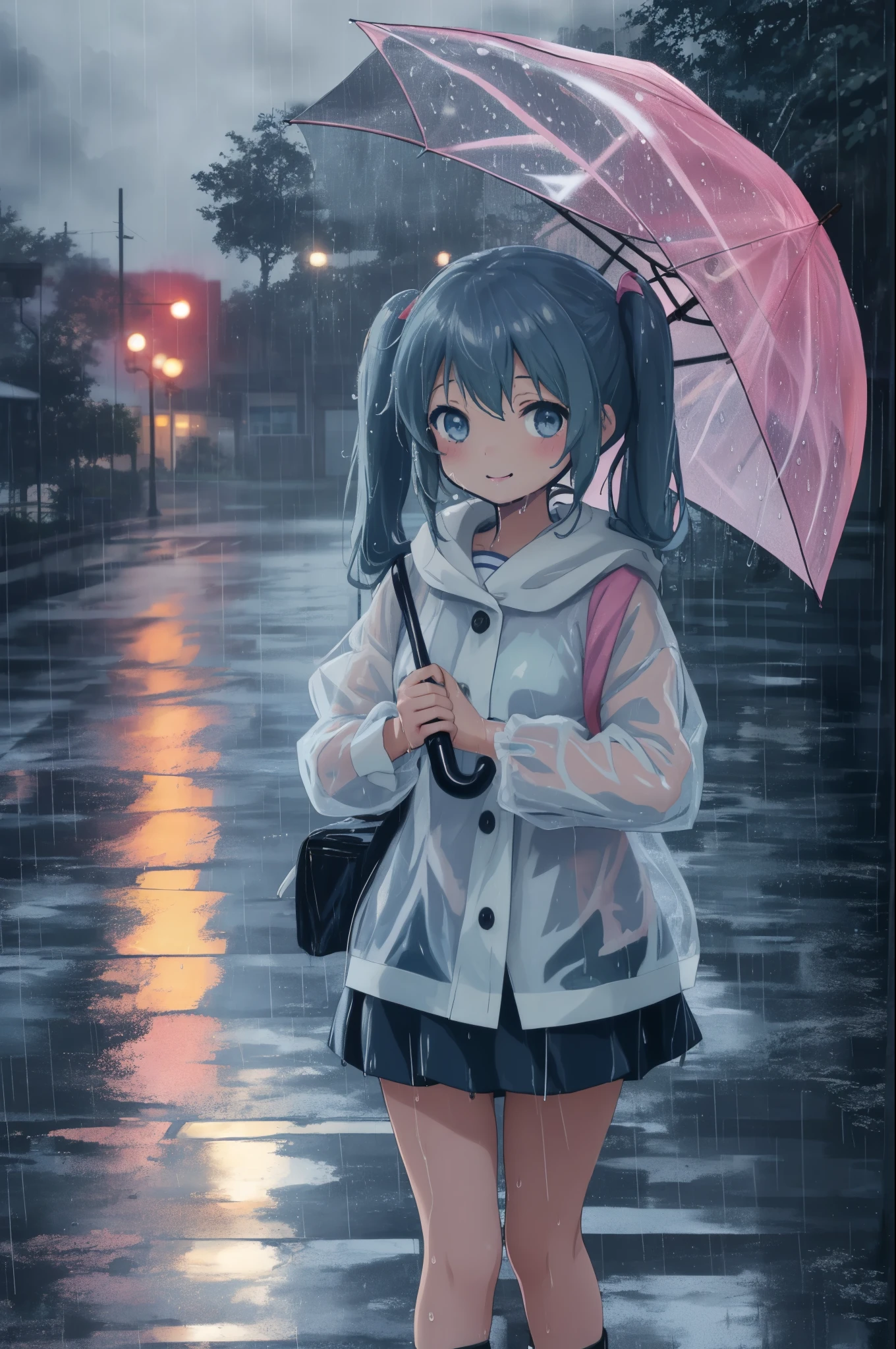 Anime girl with umbrella and duck in the rain, light blue long hair、girl with twin tails, adorable smile cute anime, splash art anime , cute anime girl, Gweiz, on a Wet day, After it rains and there are no girls, Wet day, under the rain, cute art style, rain, artwork in the style of Gweiz, In a rainy environment, cute cute girl、Face Highlights