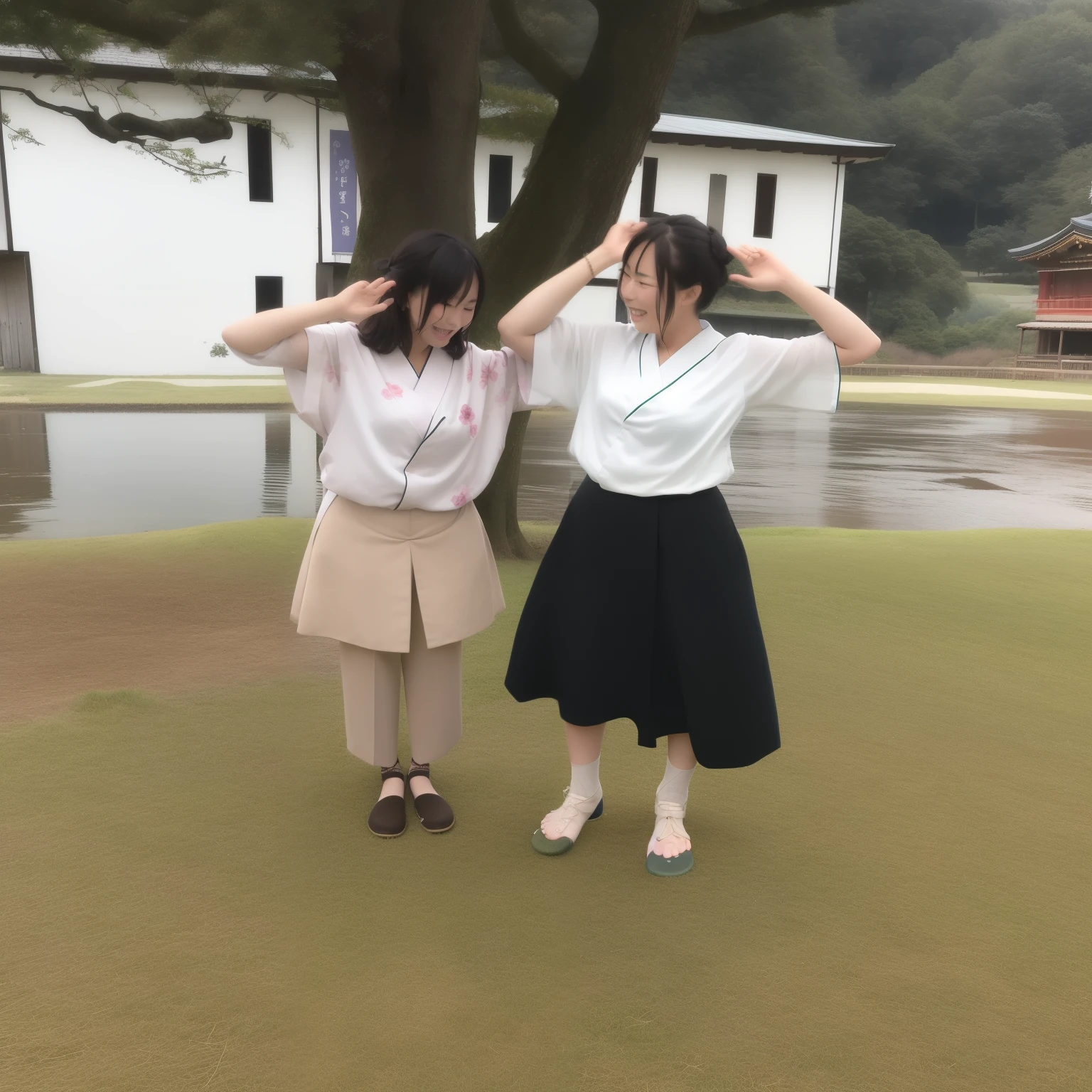 Two women standing in a field with their hands on their heads, in karuizawa, yoshitomo nara and aya takano, various poses, Happy!!!, in such a way, Ayami Kojima and Ride Caldwell, japanese style, shikamimi, Japanese style, kimono, vacation photos, Chiho, Japanese style