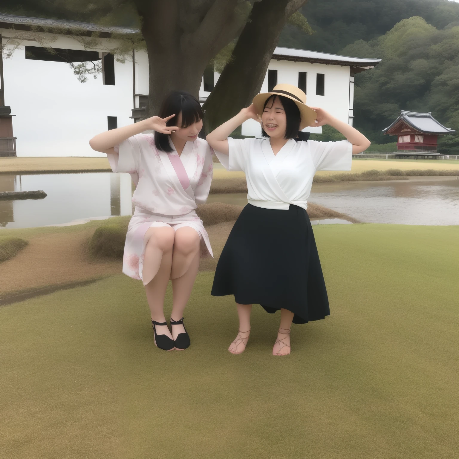 Two women standing in a field with their hands on their heads, in karuizawa, yoshitomo nara and aya takano, various poses, Happy!!!, in such a way, Ayami Kojima and Ride Caldwell, japanese style, shikamimi, Japanese style, kimono, vacation photos, Chiho, Japanese style