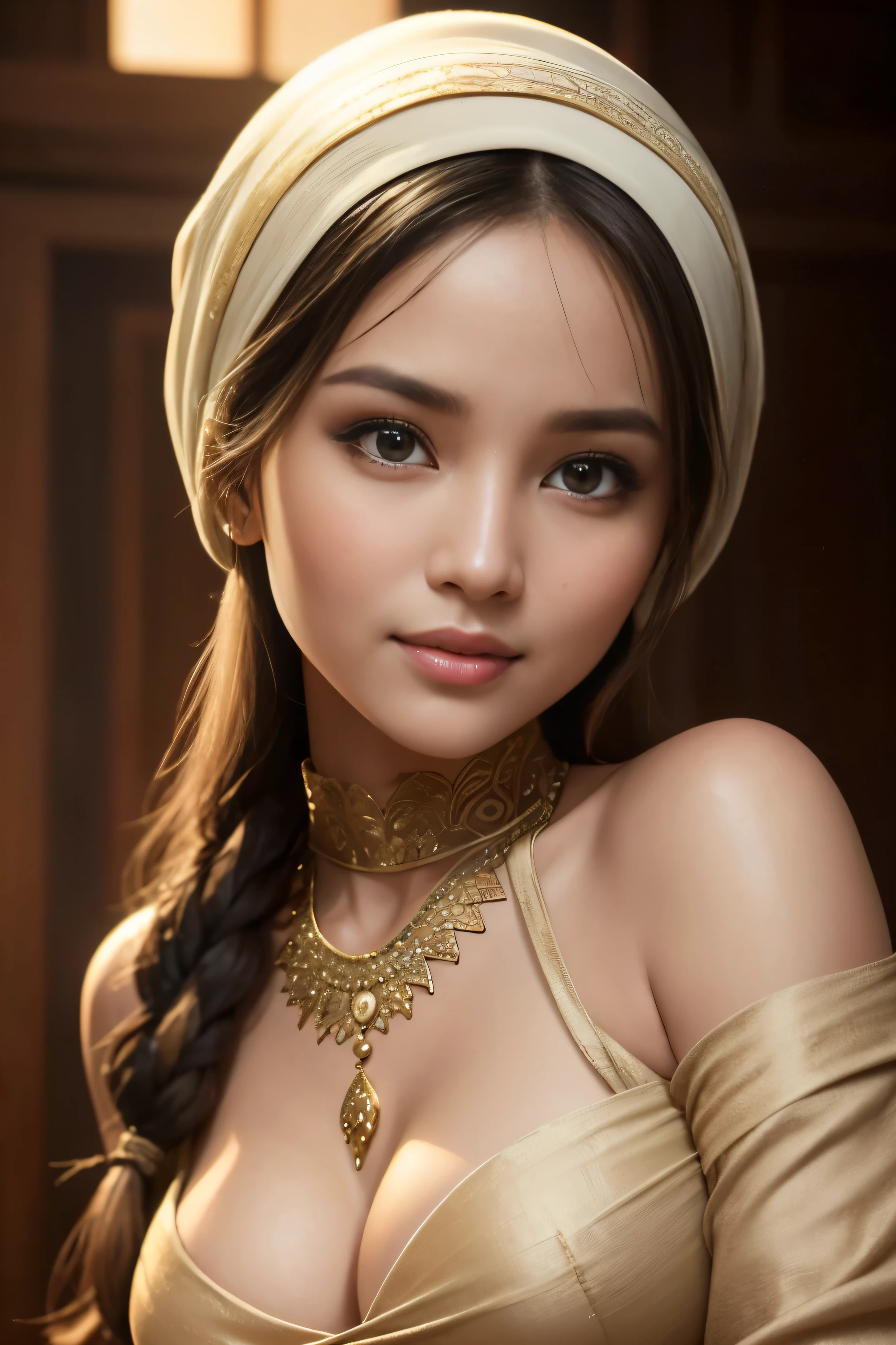 javanese, tombraider, cleavage, hijabi, Absurd, ultra-detailed, high quality, masterpiece, detailed face, beautiful eyes(detailed eyes), goddess of the hearth and home, gentle and graceful, face exudes warmth and kindness, eyes described as soft and comforting, gentle and steady gaze, overall appearance is  and modest, The fabric of her garments is usually depicted as soft and earth-toned, beauty lies not in extravagant adornments, Her smile is serene and welcoming