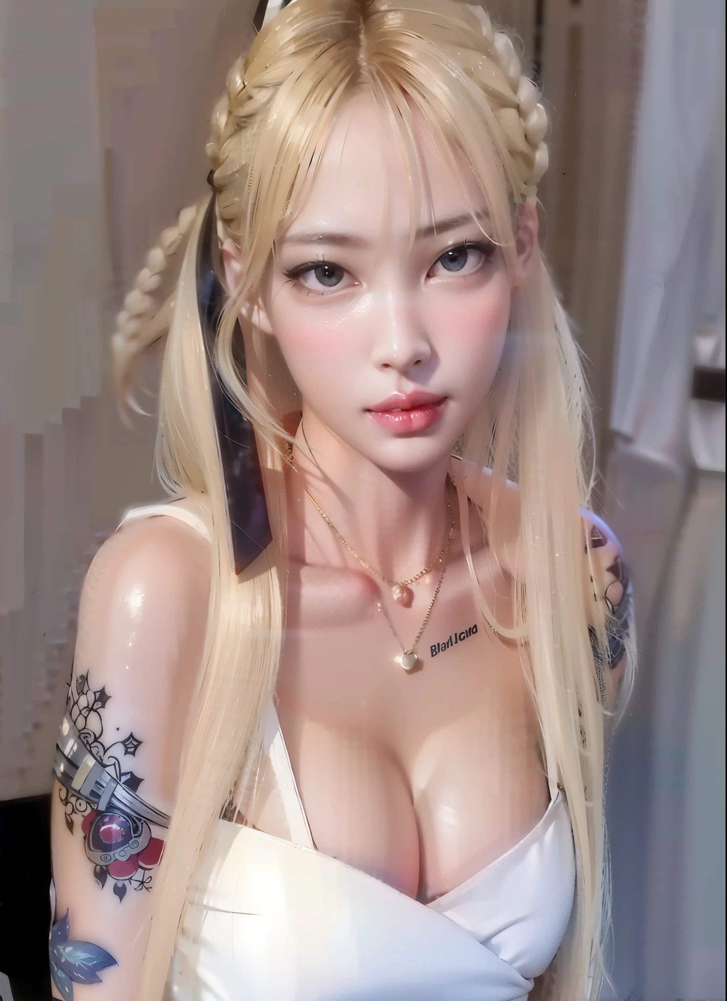 mujer rubia con pelo largo y tatuajes posando para una foto, muchacha coreana, ulzzang, chica anime en la vida real, pelo largo y rubio y ojos grandes, hermosa mujer surcoreana, con pelo largo y ojos penetrantes, sakimichan, hermosa joven coreana, pelo largo y rubio y ojos grandes, con el pelo largo y blanco, pelo largo y blanco y flequillo, cara como Jennie de Blackpink