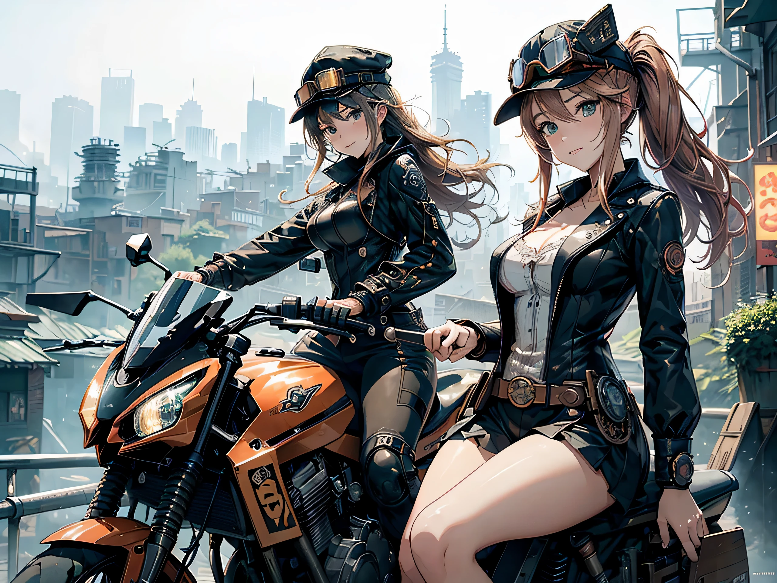 (comic book style),(line drawing_anime),(cowboy shot, highest quality, ),(Laura Budd Photo:1.2),(Laura Add Details:1.0),8k, flat color:0.8,(1 girl,smile 1.5)、(1 astride a steampunk-style motorcycle.5)、(Classic style motorcycle 1.5)、(Highly decorative and complex mechanical steampunk fashion, lace flare dolphin hat、goggles 1.5、machinery background、Gear background、Complex mechanized steampunk cityscape 1.5),