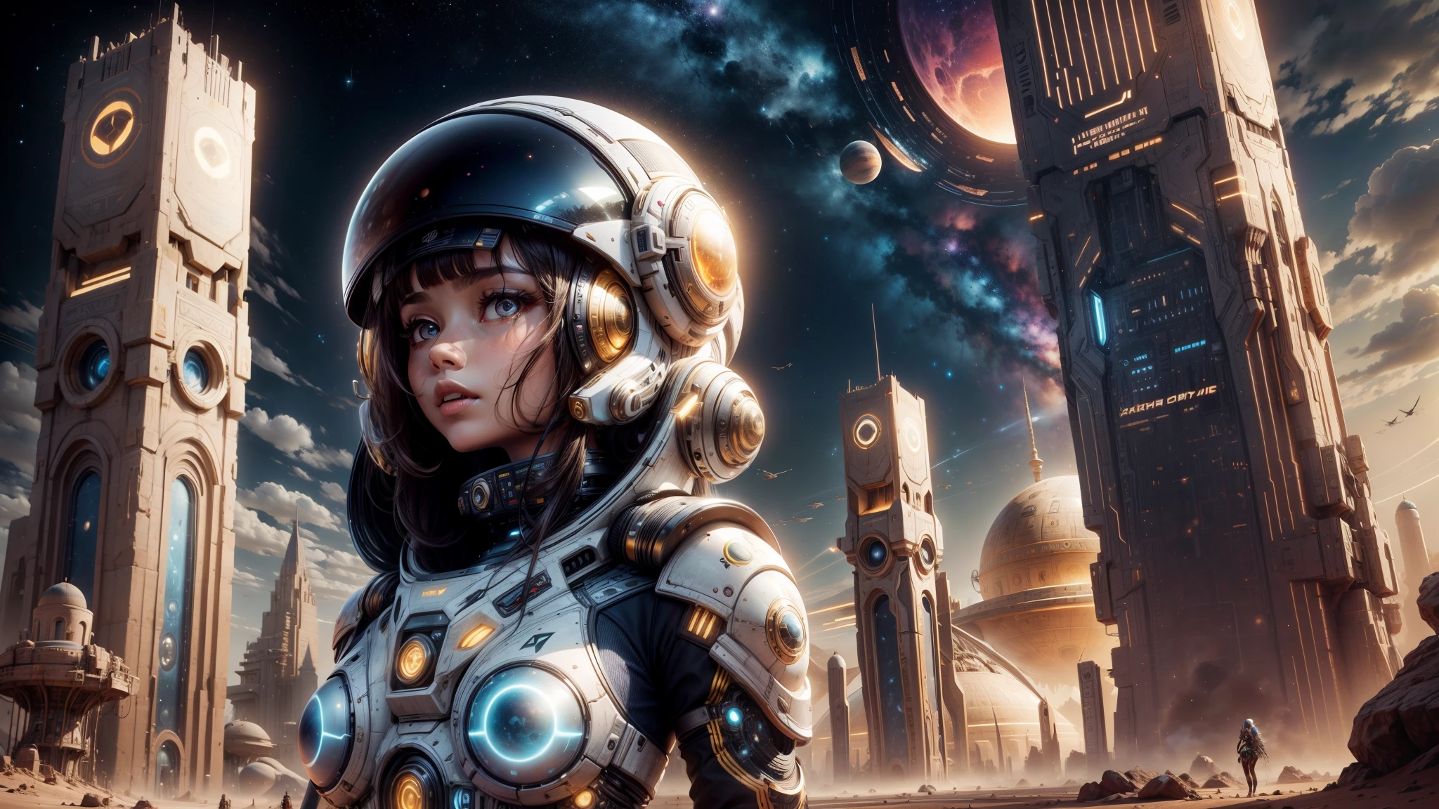 "((Techno-chic girl)) in Egypt Cyberstyle attire, surrounded by a surreal space landscape with fantastic planets, bathed in the cosmic glow of the golden hour, ((cybernetic elements)), ((rule of thirds)), ((futuristic masterpiece)), detailed, (best quality)