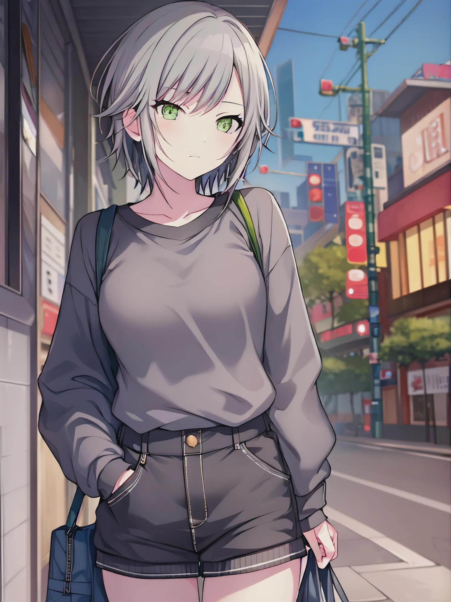 (masterpiece), short hair, grey hair, small breasts, hinomori shiho, tomboy, shiho_h, troubling , dislike,wearing short_pants
