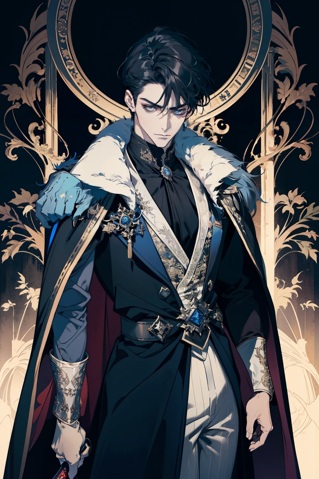 a close up of a person wearing a cape and a cape, wearing fantasy formal clothing, beautiful androgynous prince, ((wearing aristocrat robe)), delicate androgynous prince, regal dark blue clothes, silver brocaded dark blue clothes, costume with blue accents, dark ornate royal robes, imperial royal elegant clothing, elegant cape, royal cape, fur coat, black hair, blue eyes, absurderes，A high resolution，ultra - detailed），1 person，Adult，handsome，tall and muscular boy，a broad shouldered，detailed 25 year old male face, Fine and detailed eyes and detailed face，Short black hair，Onyx-colored eyes，fanciful，shadow effect, flame，Divine brilliance，Grand background，magia, warrior, holding a sword, sword
