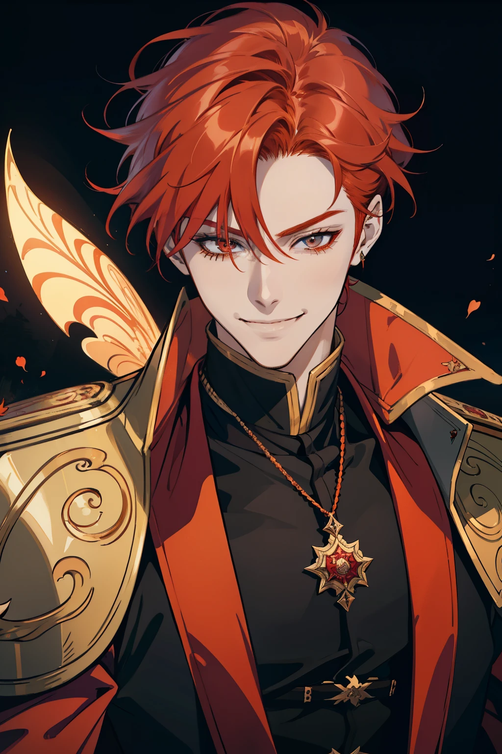 a close up of a person with red hair and a wearing fantasy formal clothing, handsome guy in demon slayer art, [[[[grinning evily]]]], beautiful androgynous prince, orange - haired anime boy, friedly smile, roguish smirk, charming sly smile, with red hair, charming smile, male anime character, high quality fanart