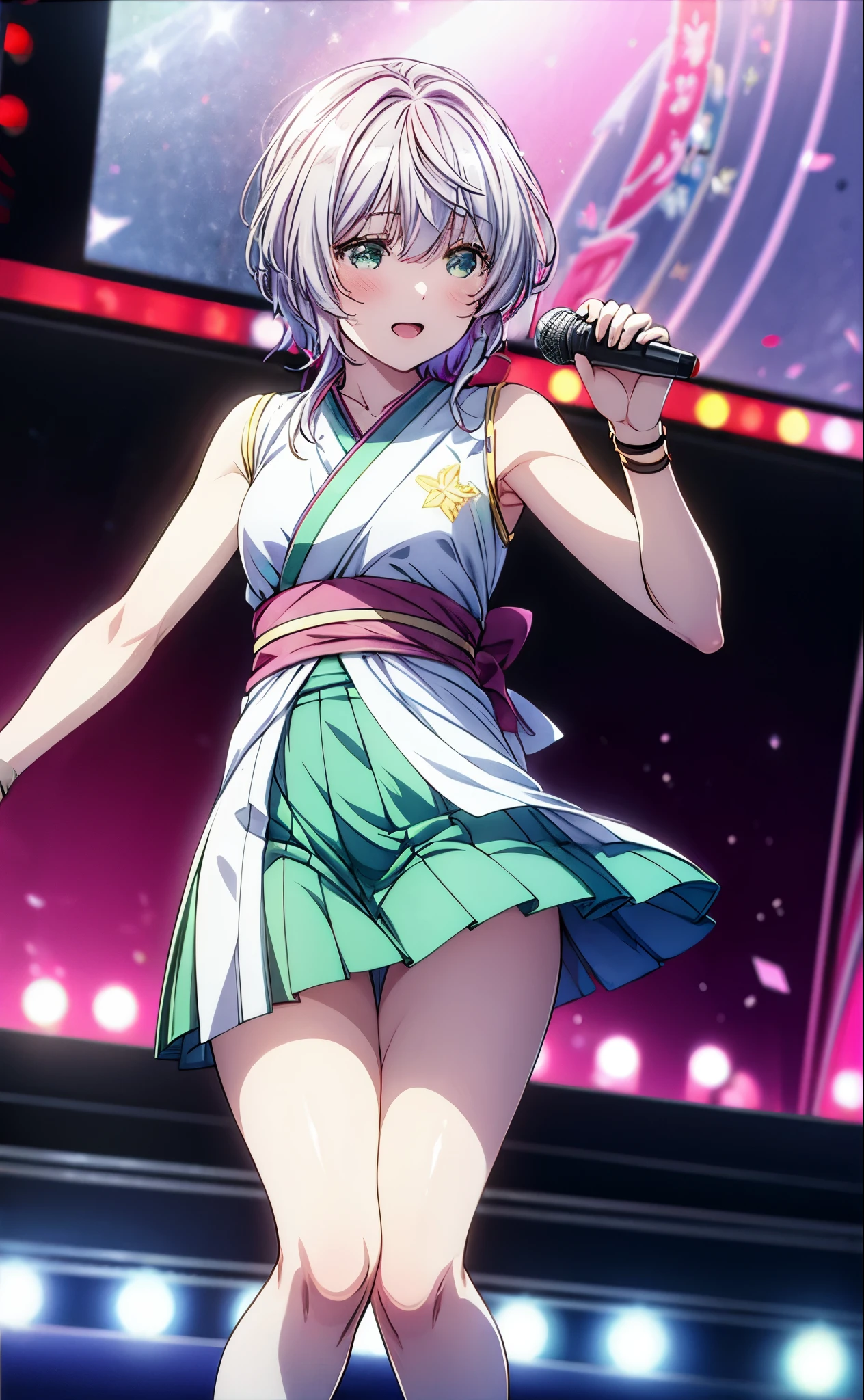 (anime:1.1), highest quality, table top,
1 girl, handle,Macross Frontier handle, green hair, short hair、bob hair,small breasts, blue eyes, mature woman, looking at the viewer, smile,stage performance, hot air,Idol style green kimono,white knee high socks,jumping,,アイドルsinger standing in the center of the stage,アイドルsinger holding a microphone and singing, アイドルsinger'serious and powerful expression. singer'''voice is powerful and beautiful,fans gather around the stage, ファンはアイドルsingerと一緒に歌ったり踊ったりしています