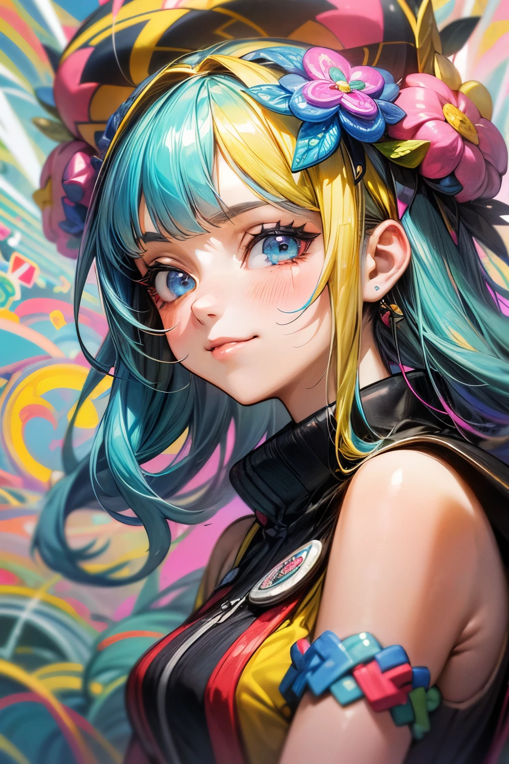 ((flowercrown)), ((Masterpiece)), (Anime:1.3), ((best quality)), (Professional Photography:1.3), (High Definition), (RAW photo: 1.2), (), Contemporary art created by tracing traces of colorful ink, pop-art, innocent smiles, eye glass, (1girl:1.6), (Cute smile), (Best Impact:1.5), (maximalism:1.7), Vivid contrast, hyperrealistic illustrations, ultra-detailliert, absurderes, (Fractal Art:1.3), One Piece Appearance, Random hairstyle, Random hair color colorful, FULL BODYSHOT, Retro, Precise focus, randome pose, Drama,