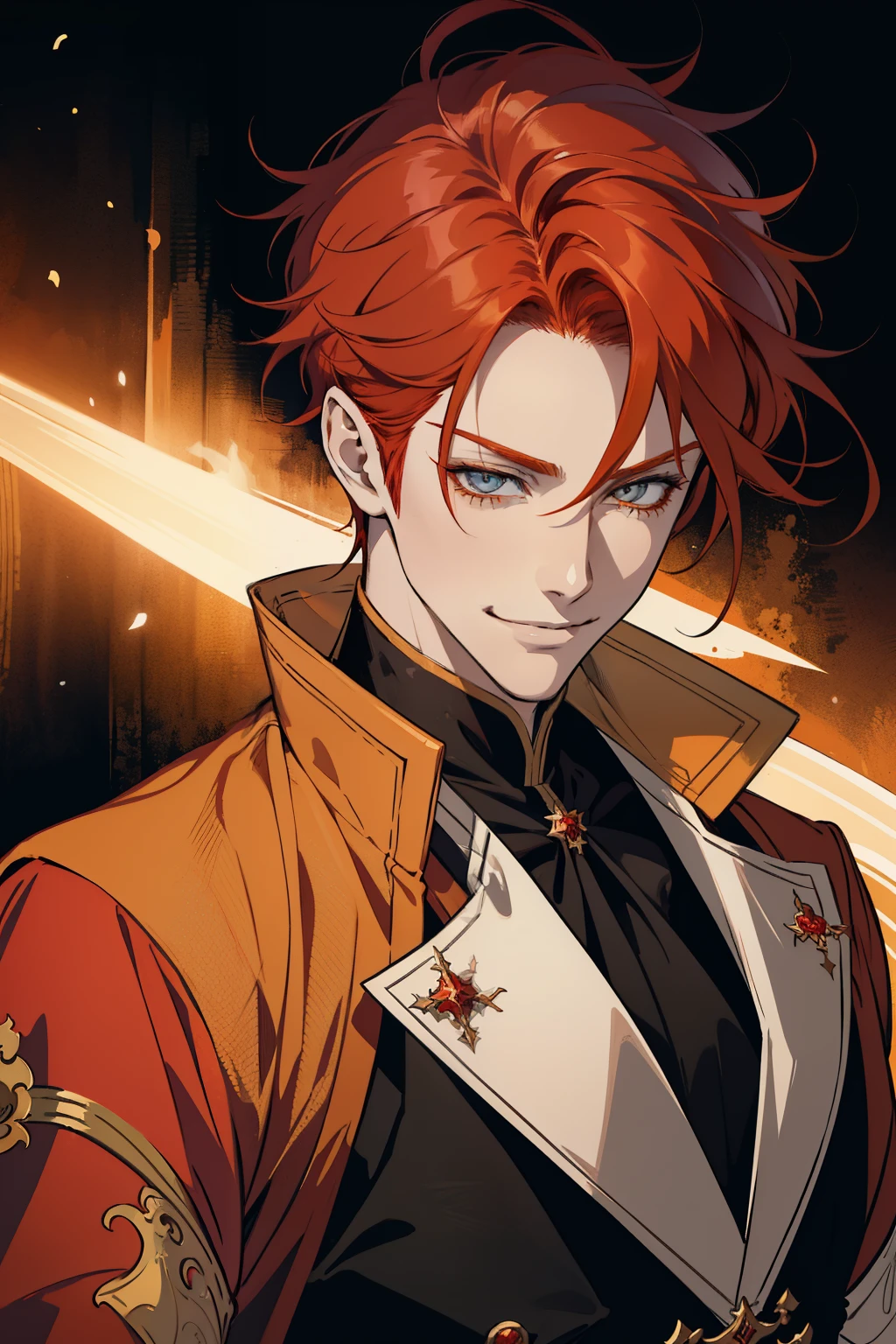 a close up of a person with red hair and a wearing fantasy formal clothing, handsome guy in demon slayer art, [[[[grinning evily]]]], beautiful androgynous prince, orange - haired anime boy, friedly smile, roguish smirk, charming sly smile, with red hair, charming smile, male anime character, high quality fanart