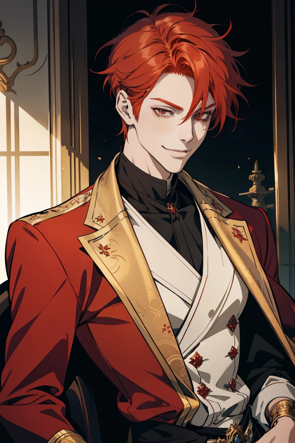 a close up of a person with red hair and a wearing fantasy formal clothing, handsome guy in demon slayer art, [[[[grinning evily]]]], beautiful androgynous prince, orange - haired anime boy, friedly smile, roguish smirk, charming sly smile, with red hair, charming smile, male anime character, high quality fanart