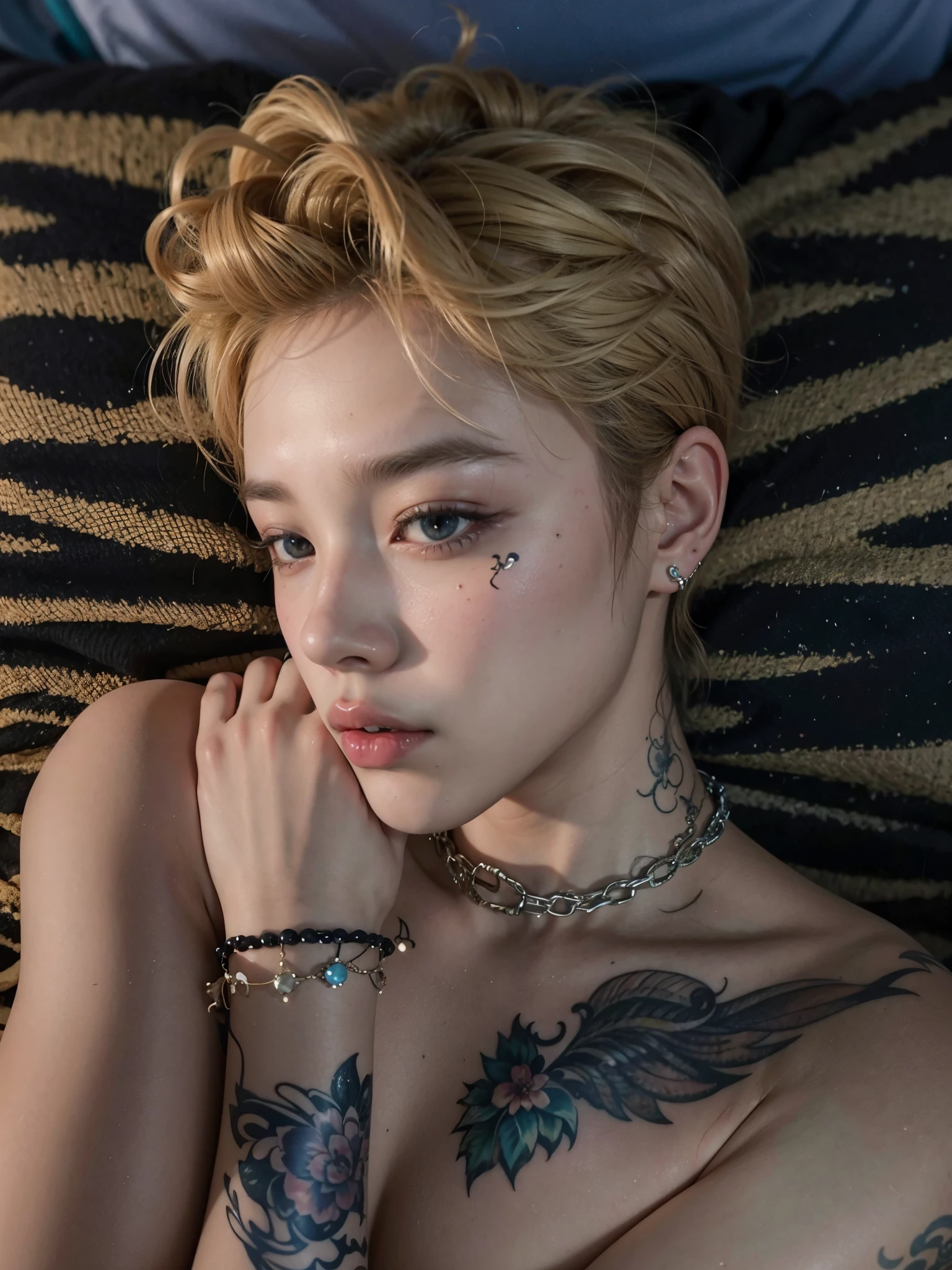 a close-up of a person with tattoos on their arms, Jiminnie, jimin do BTS, hyung tae, Park Jimin, muito tempo, Hong junho hyung, inspirado em Bian Shoumin, Jinyoung Shin aesthetic, inspirado em Jimim from BTS, gargantilha, wearing gargantilha