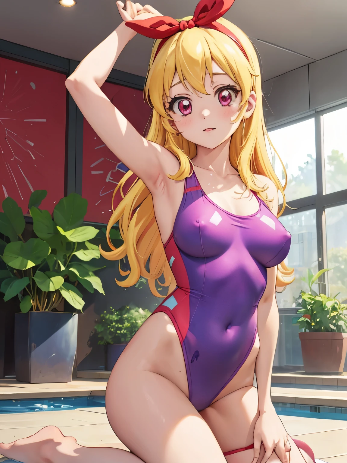 aikatsu,(RED Ribbon on HAIRband:1.2),girl wearing Geometric pattern light purple one-piece swimsuit, cute, , kneeing, large_breaect_nippl6, conry indoor pool, modern, large window, a foliage plant, , from bellow,Blonde_hair, absurd-resolution, absurd-detailed, best quality, realistic background,