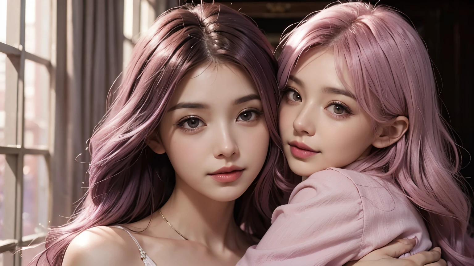 Confectioner woman cartoon sideways hair long wavy black hair rosy cheeks fair skin beautiful pink dome 