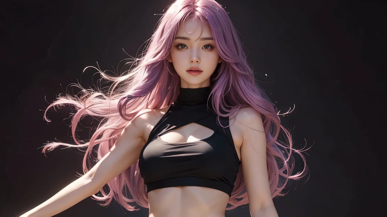 A girl with long light pink soft purple hair, perfect big booba , good quality, detailed beauty face, wearing black crop top