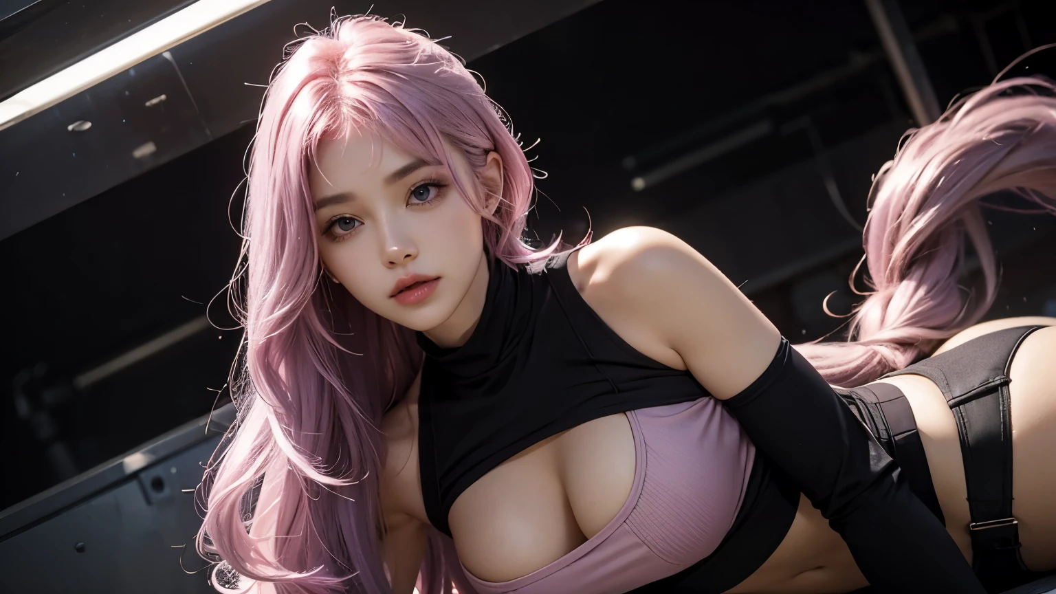 A girl with long light pink soft purple hair, perfect big booba , good quality, detailed beauty face, wearing black crop top