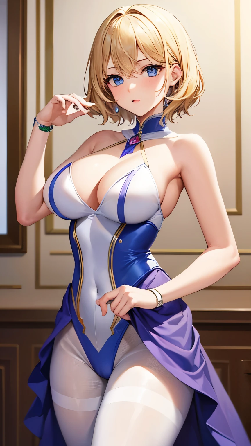 (masterpiece), (highest quality), Super detailed, perfect face, perfect body, 1 girl, beautiful girl, blonde short hair、wavy hair、blue eyes、purple leotard、High leg、stand,sexy, white pantyhose