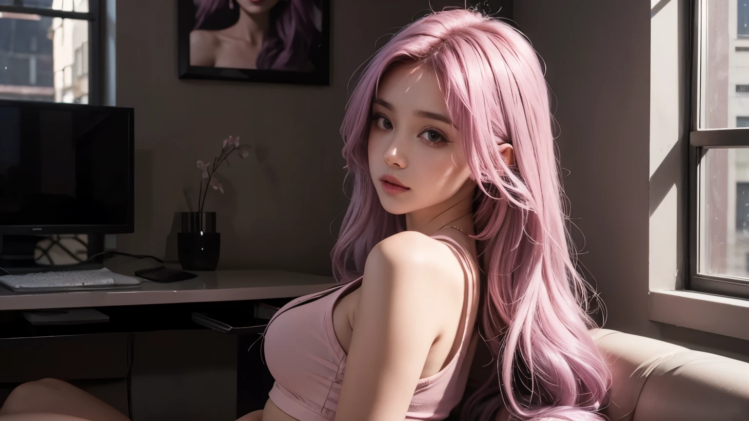 A girl with long light pink soft purple hair, perfect big booba , good quality, detailed beauty face, wearing crop top, in the night room